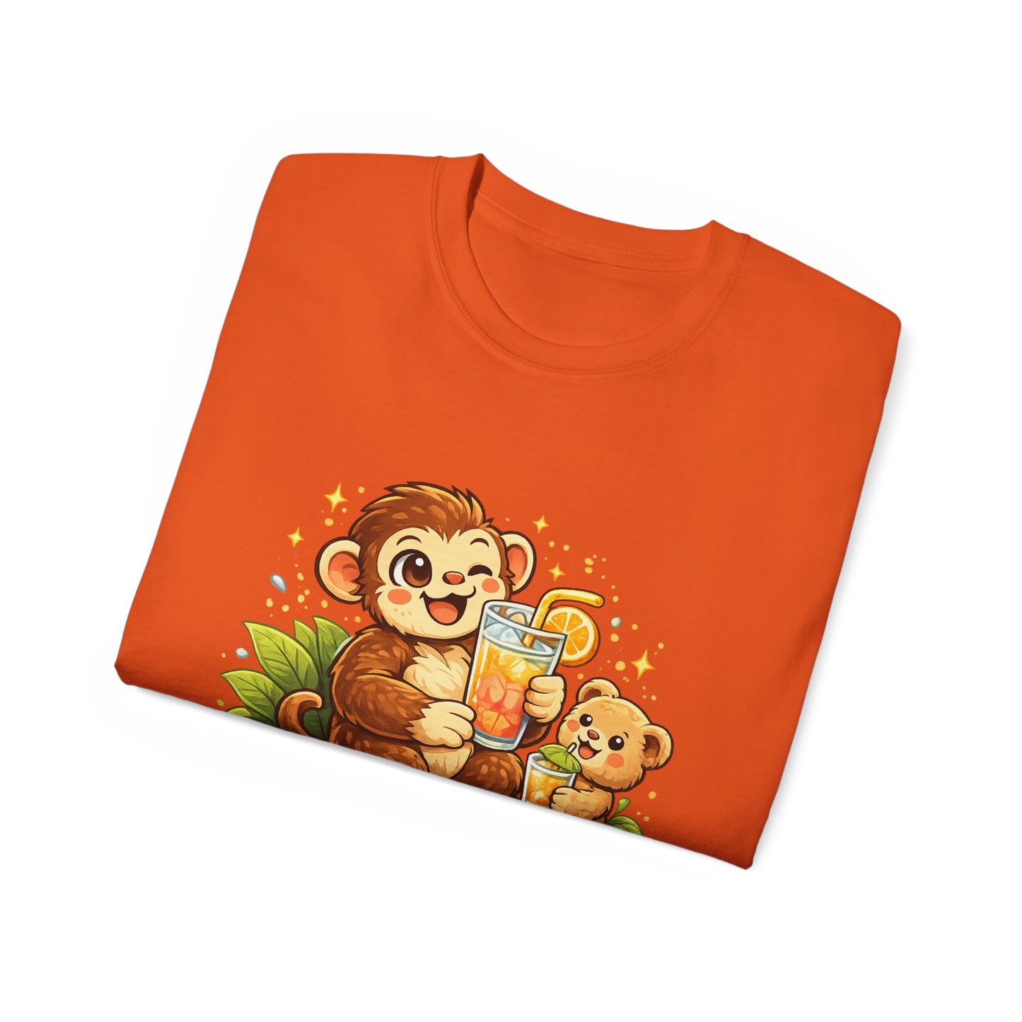 Cute Monkey & Puppy Orange Juice T-Shirt — Playful Tropical Animal Tee