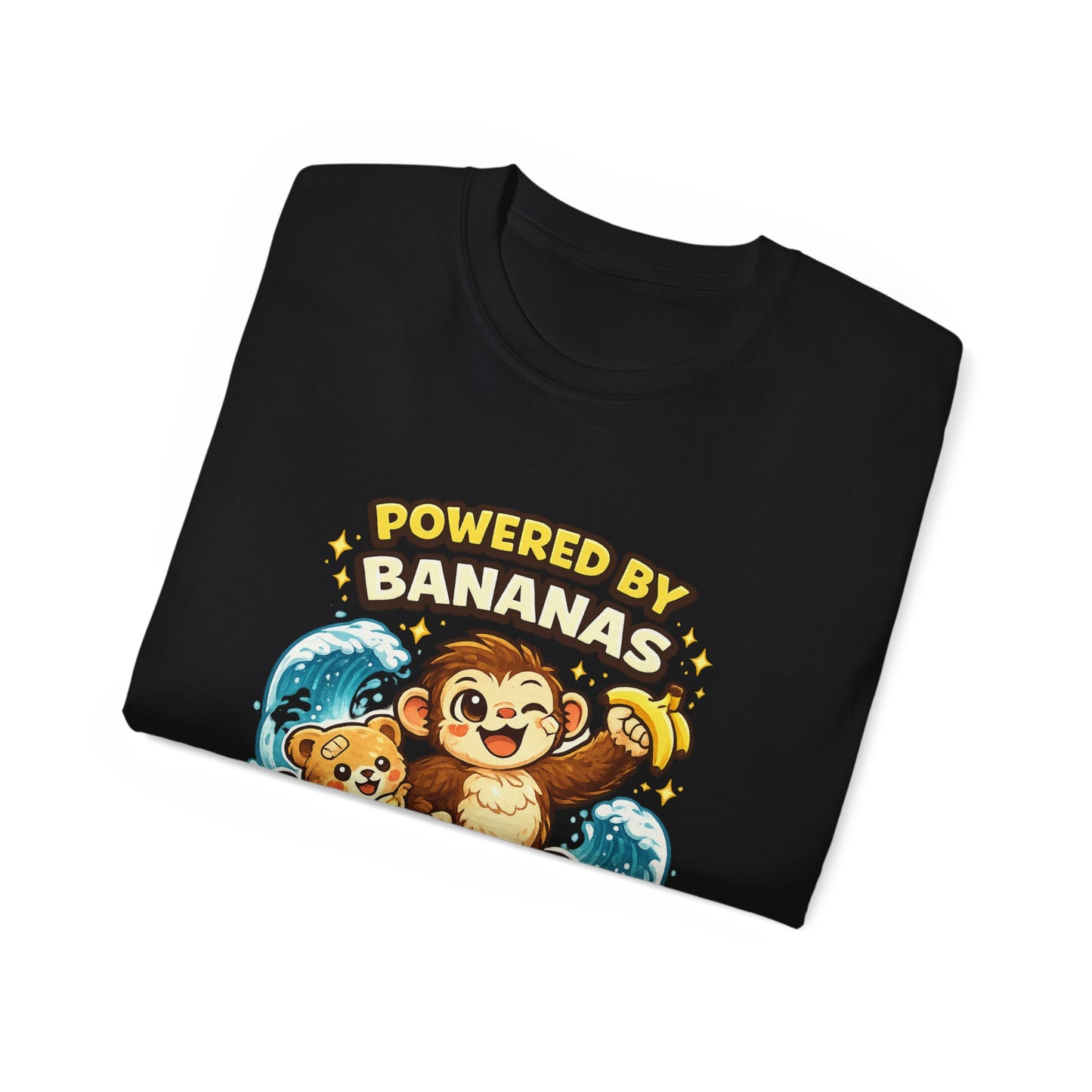 Powered by Bananas Tee — Cute Surfing Monkey & Teddy Graphic Shirt