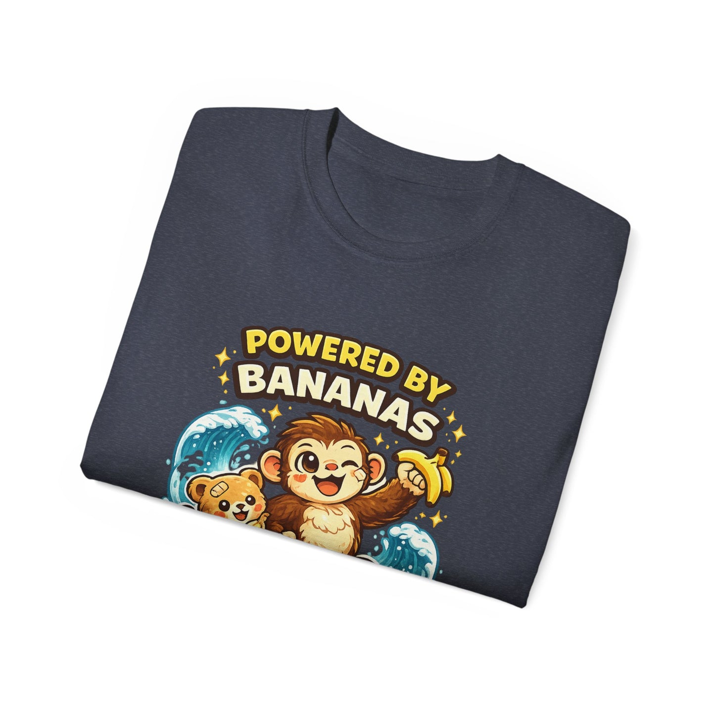 Powered by Bananas Tee — Cute Surfing Monkey & Teddy Graphic Shirt