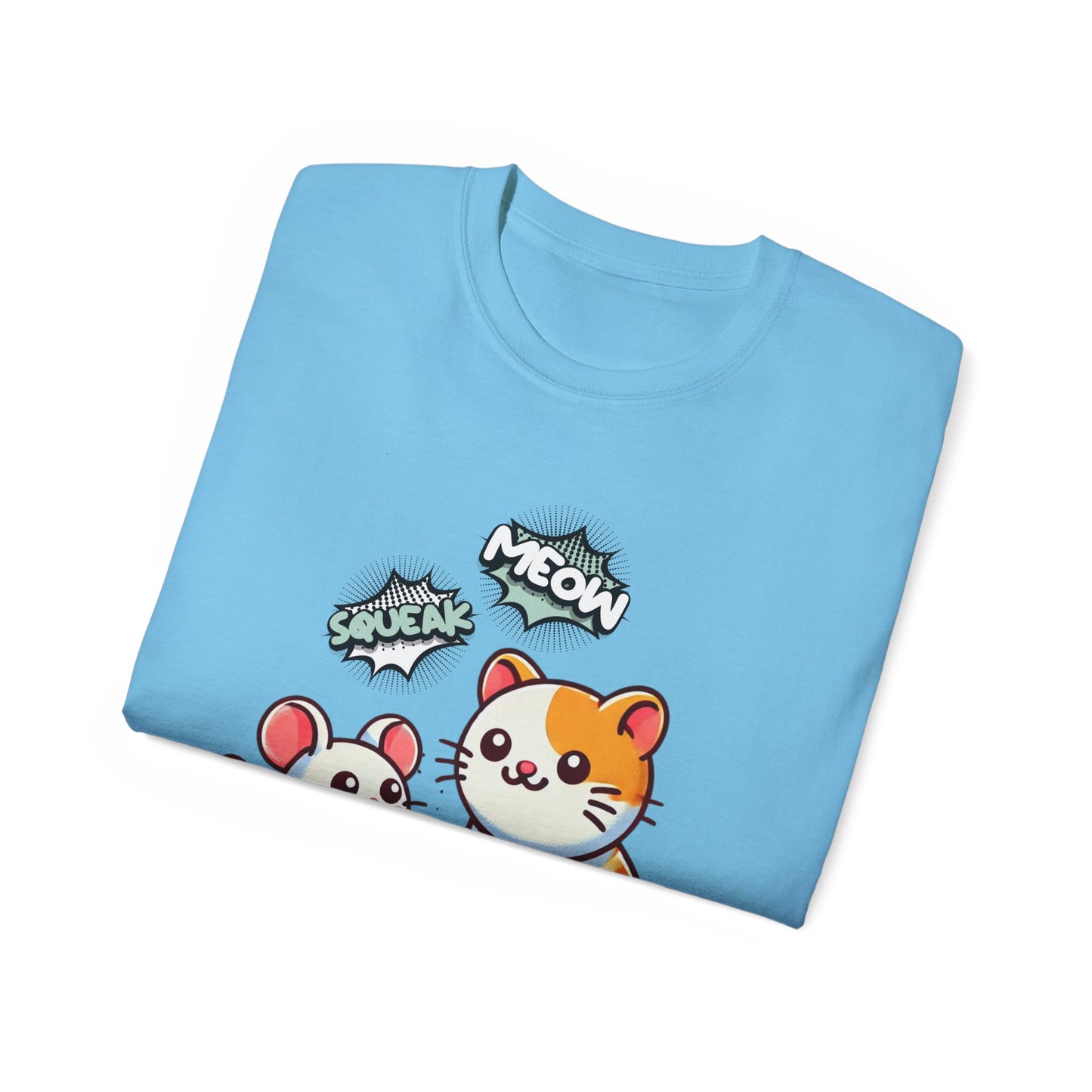 Cute Cat & Mouse Graphic Tee – 'Meow' Cartoon Pet Shirt