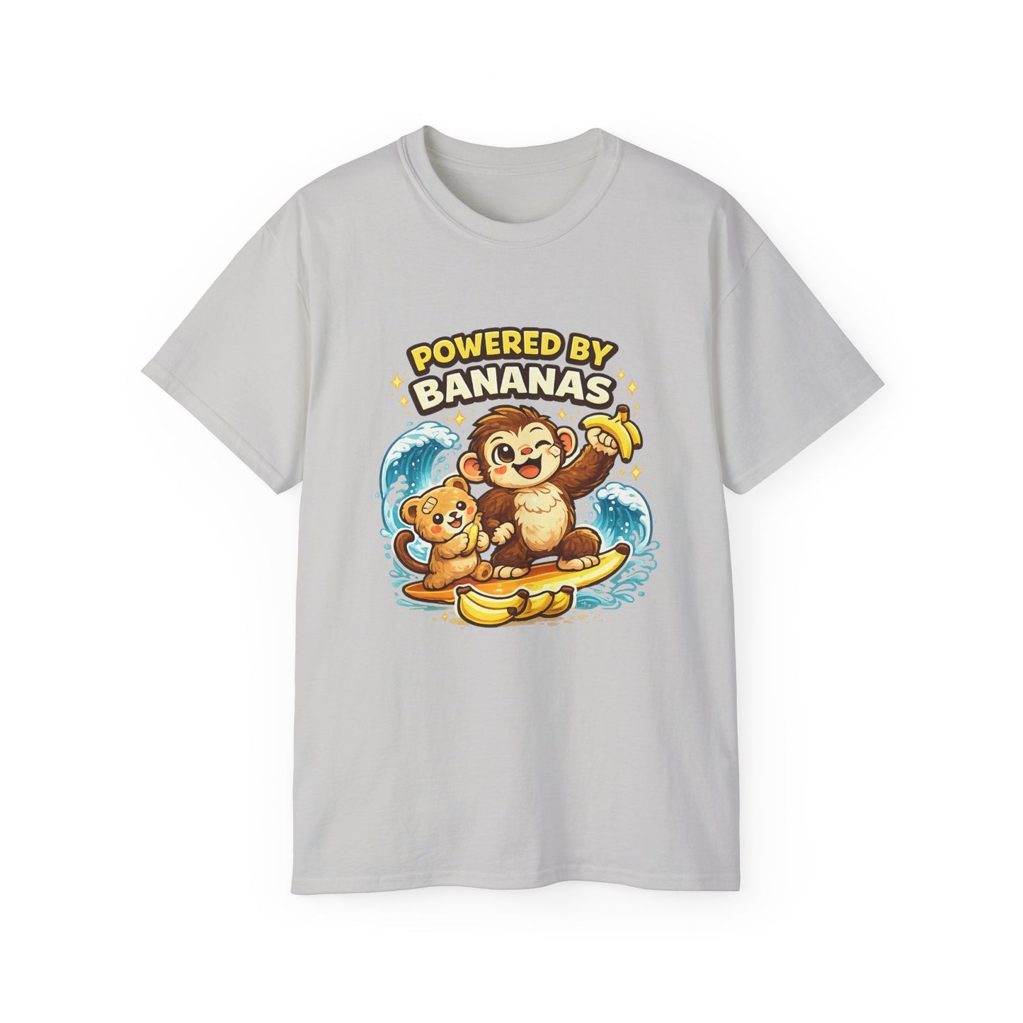 Powered by Bananas Tee — Cute Surfing Monkey & Teddy Graphic Shirt