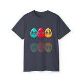 Cute Easter Egg Trio T‑Shirt — Colorful Cartoon Eggs Graphic Tee