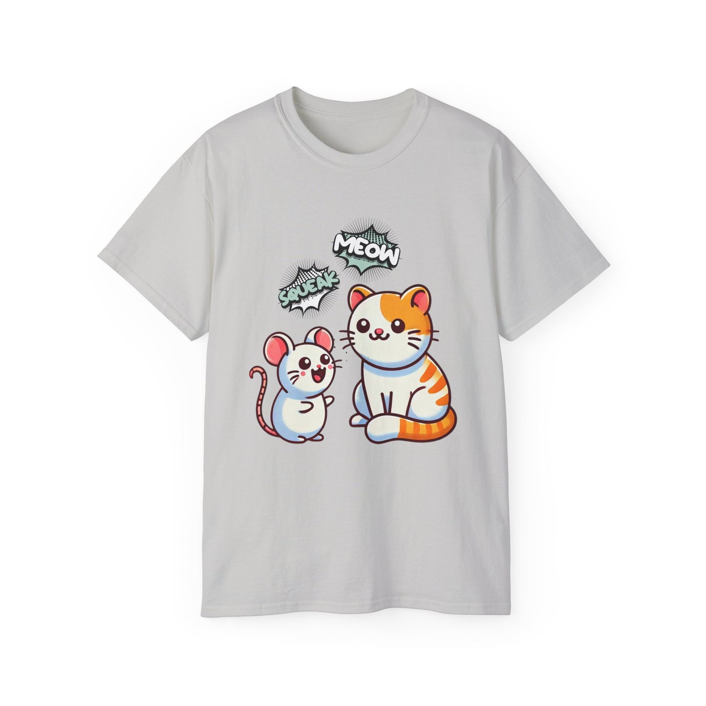 Cute Cat & Mouse Graphic Tee – 'Meow' Cartoon Pet Shirt