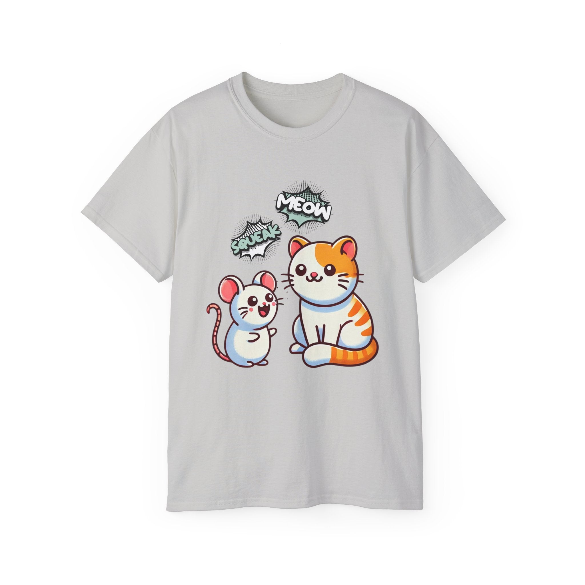 Cute Cat & Mouse Graphic Tee – 'Meow' Cartoon Pet Shirt