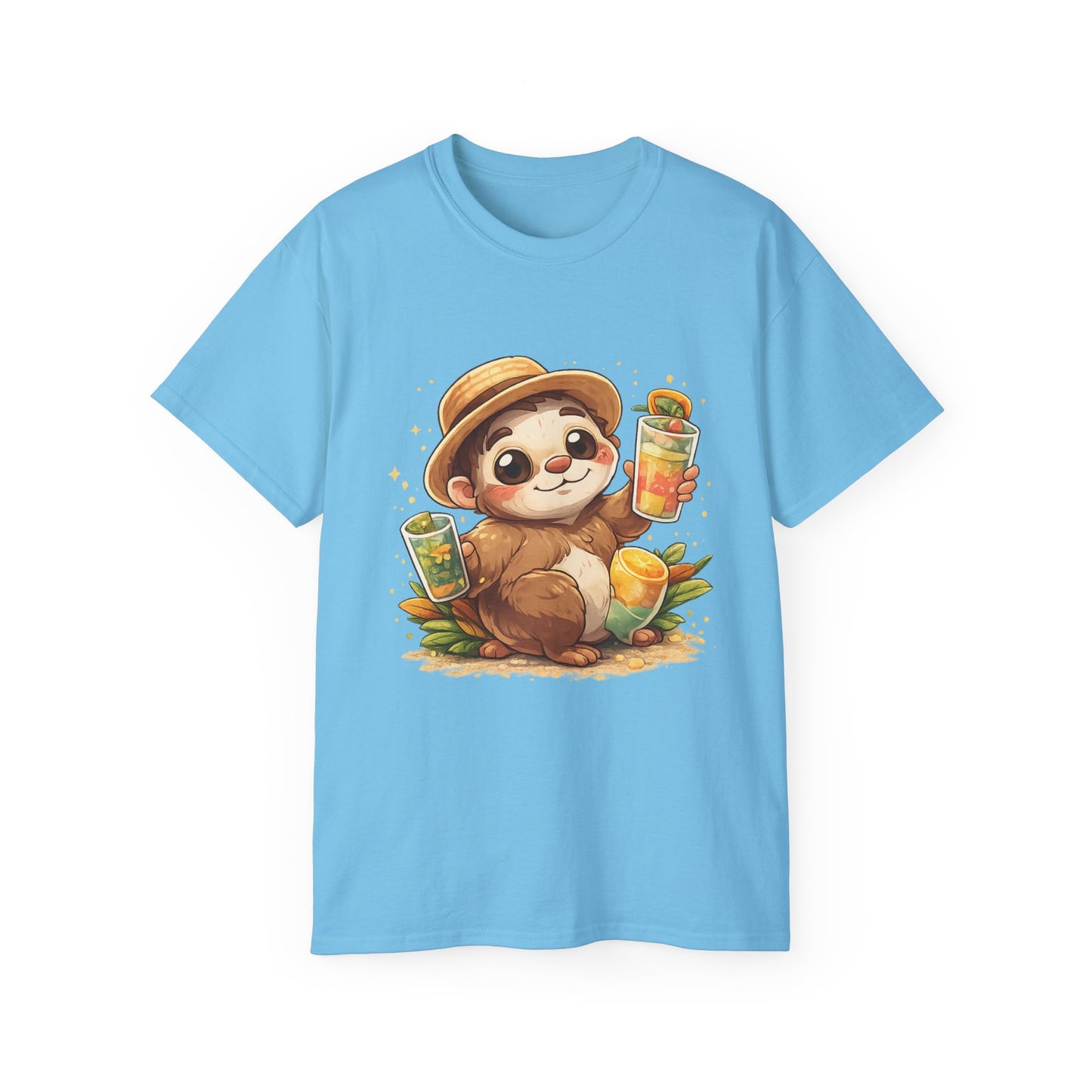 Cute Sloth Summer Tee — Sloth with Bubble Tea & Citrus Illustration Shirt