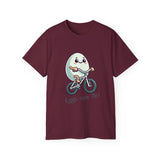 Eggs-cuse Me! Cute Egg Riding Bike T-Shirt — Funny Bicycle Cartoon Tee