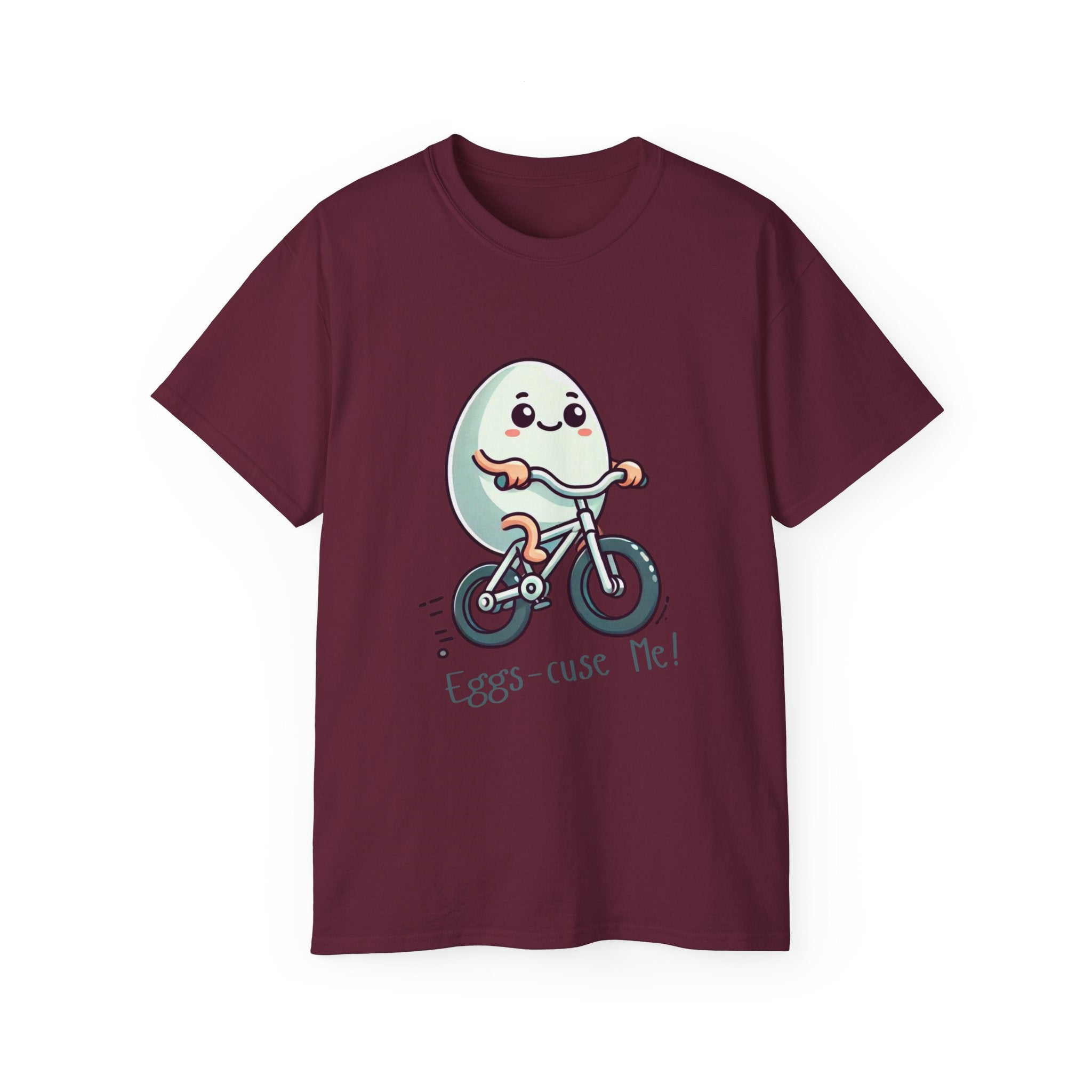 Eggs-cuse Me! Cute Egg Riding Bike T-Shirt — Funny Bicycle Cartoon Tee