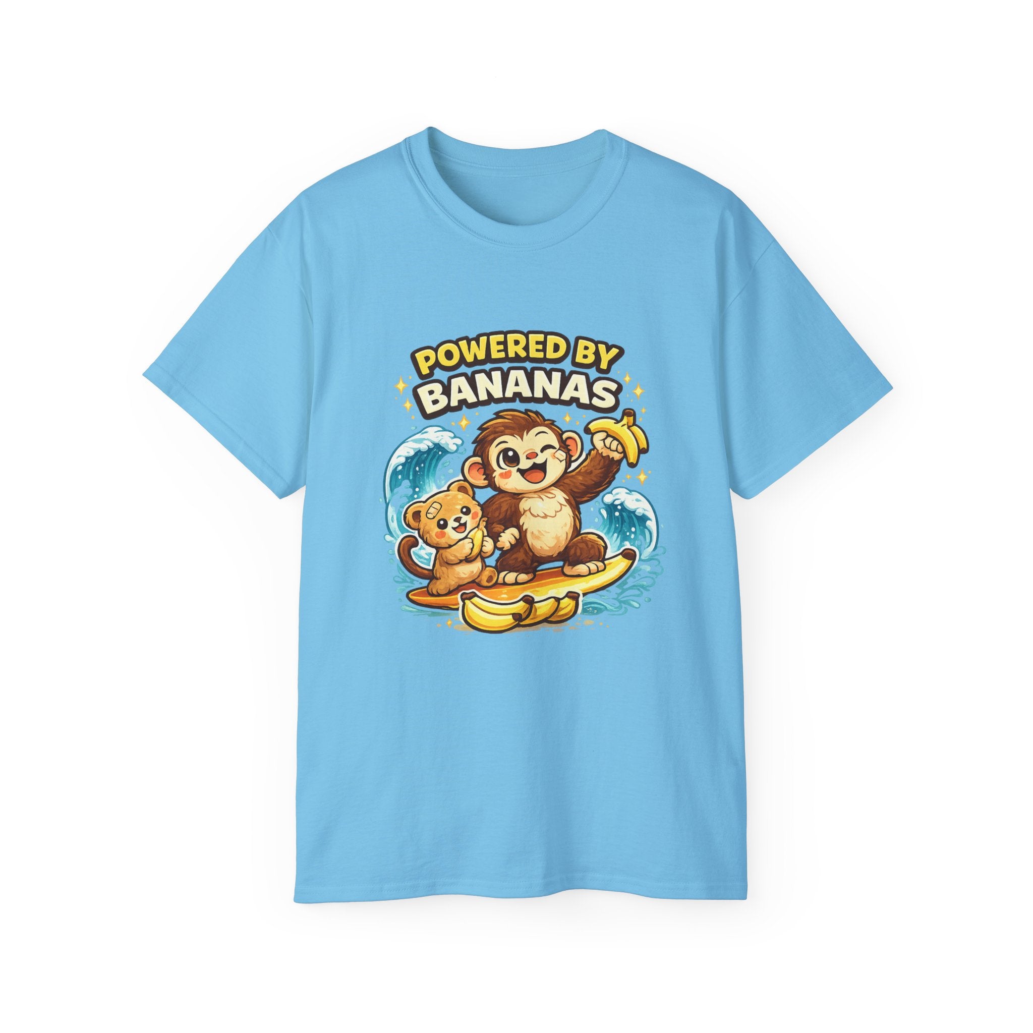 Powered by Bananas Tee — Cute Surfing Monkey & Teddy Graphic Shirt