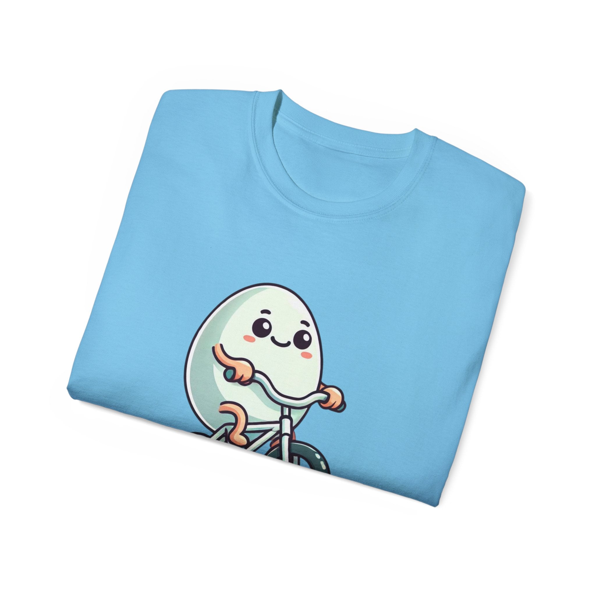 Eggs-cuse Me! Cute Egg Riding Bike T-Shirt — Funny Bicycle Cartoon Tee