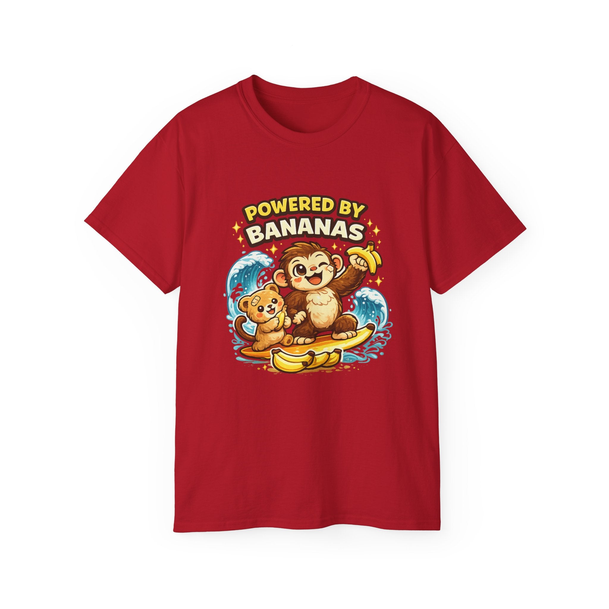 Powered by Bananas Tee — Cute Surfing Monkey & Teddy Graphic Shirt