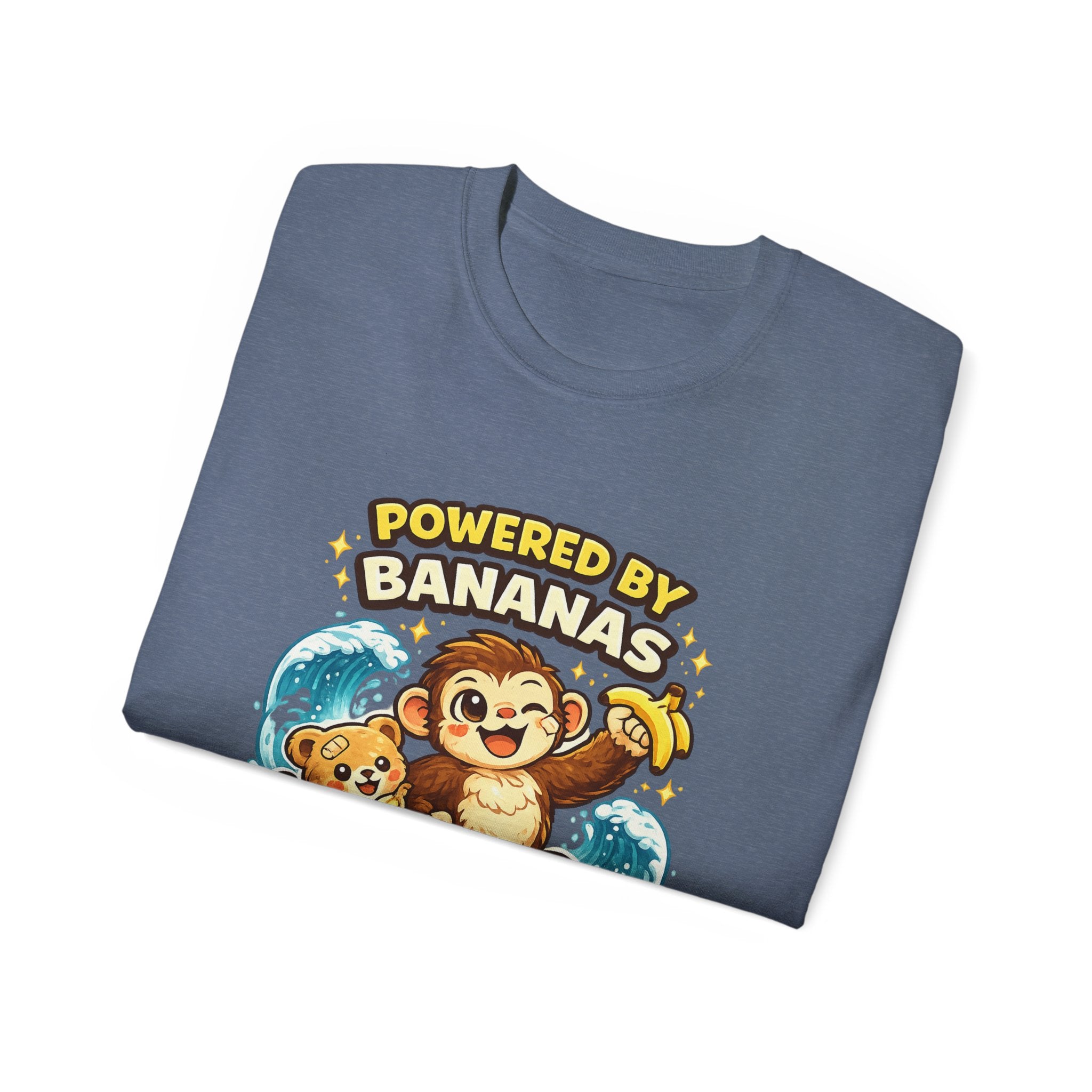 Powered by Bananas Tee — Cute Surfing Monkey & Teddy Graphic Shirt