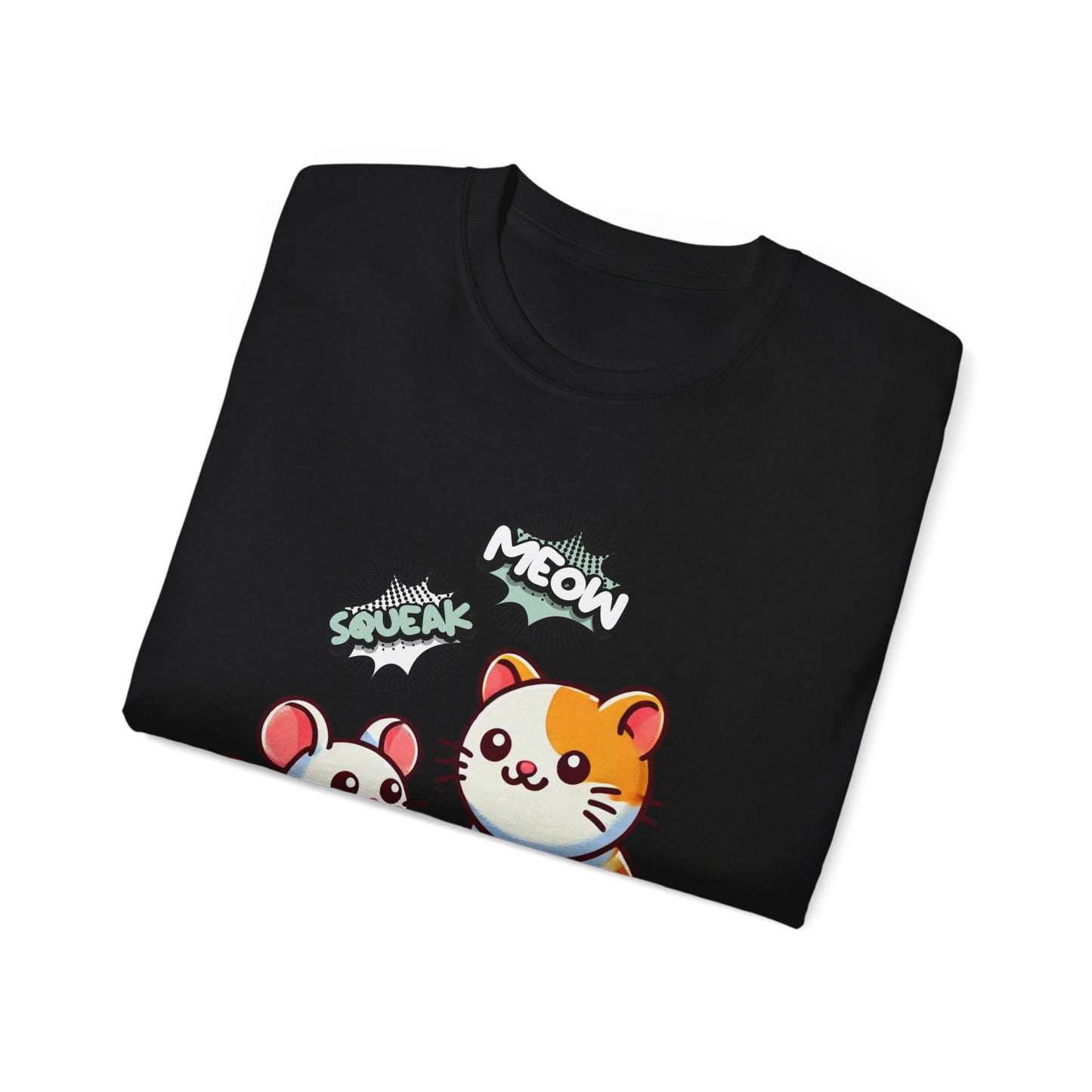 Cute Cat & Mouse Graphic Tee – 'Meow' Cartoon Pet Shirt