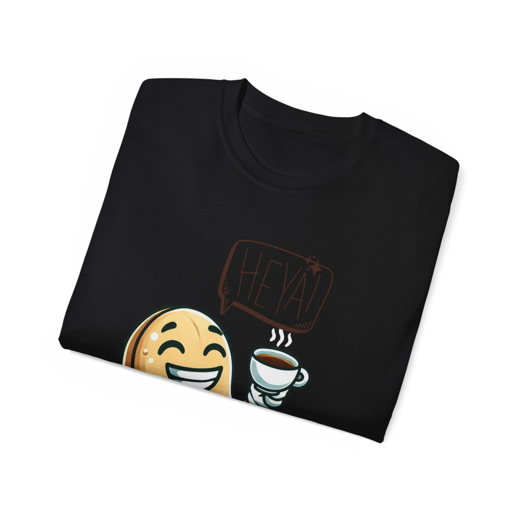 Coffee Bean Cartoon Tee — "Heya!" Cute Morning Coffee T-Shirt