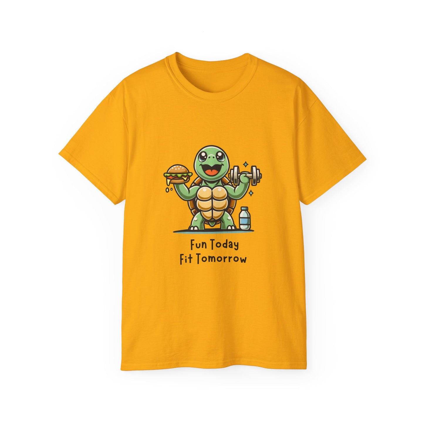 Turtle Fitness Tee — "Fun Today, Fit Tomorrow" Cute Workout Graphic Shirt
