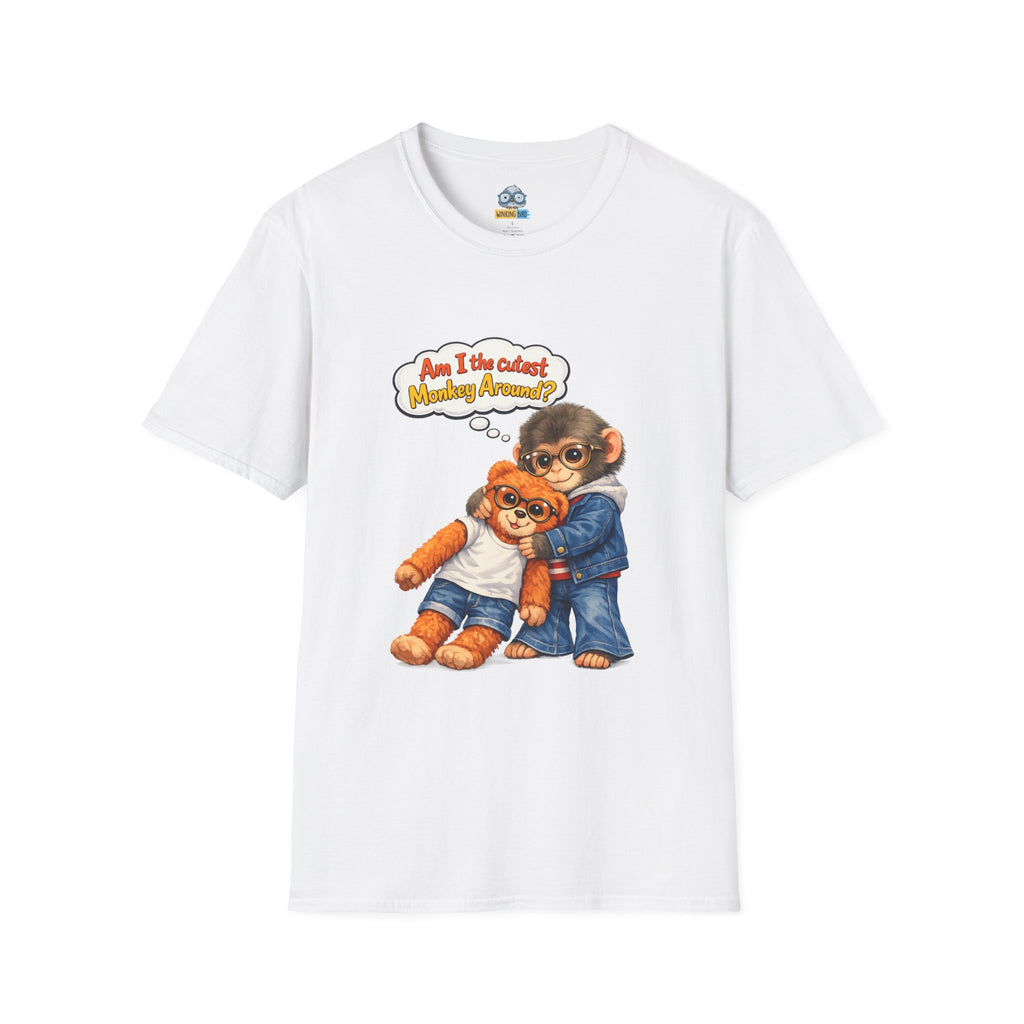 Monkey Hug T‑Shirt – Cute Chimp with Teddy Illustration Saying “Am I the cutest monkey around?”