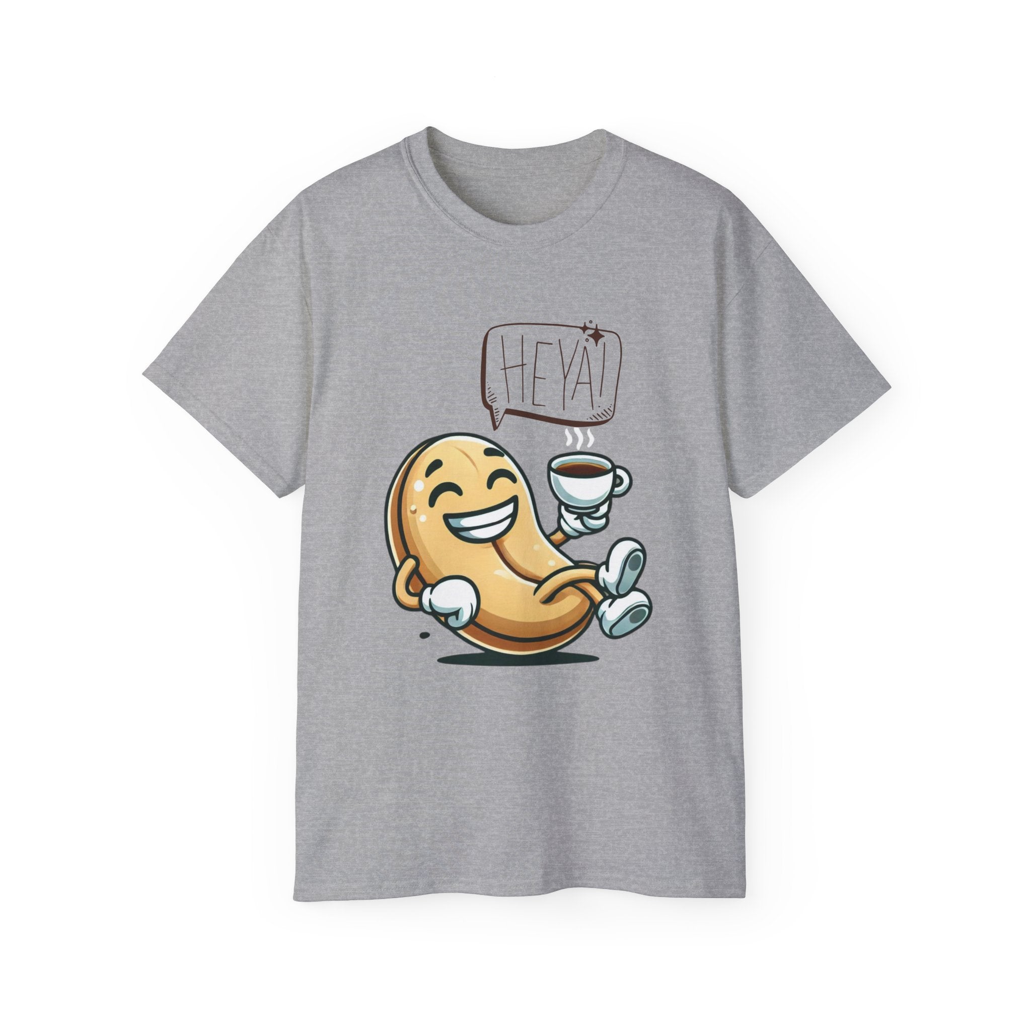 Coffee Bean Cartoon Tee — "Heya!" Cute Morning Coffee T-Shirt