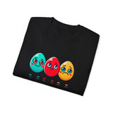 Cute Easter Egg Trio T‑Shirt — Colorful Cartoon Eggs Graphic Tee