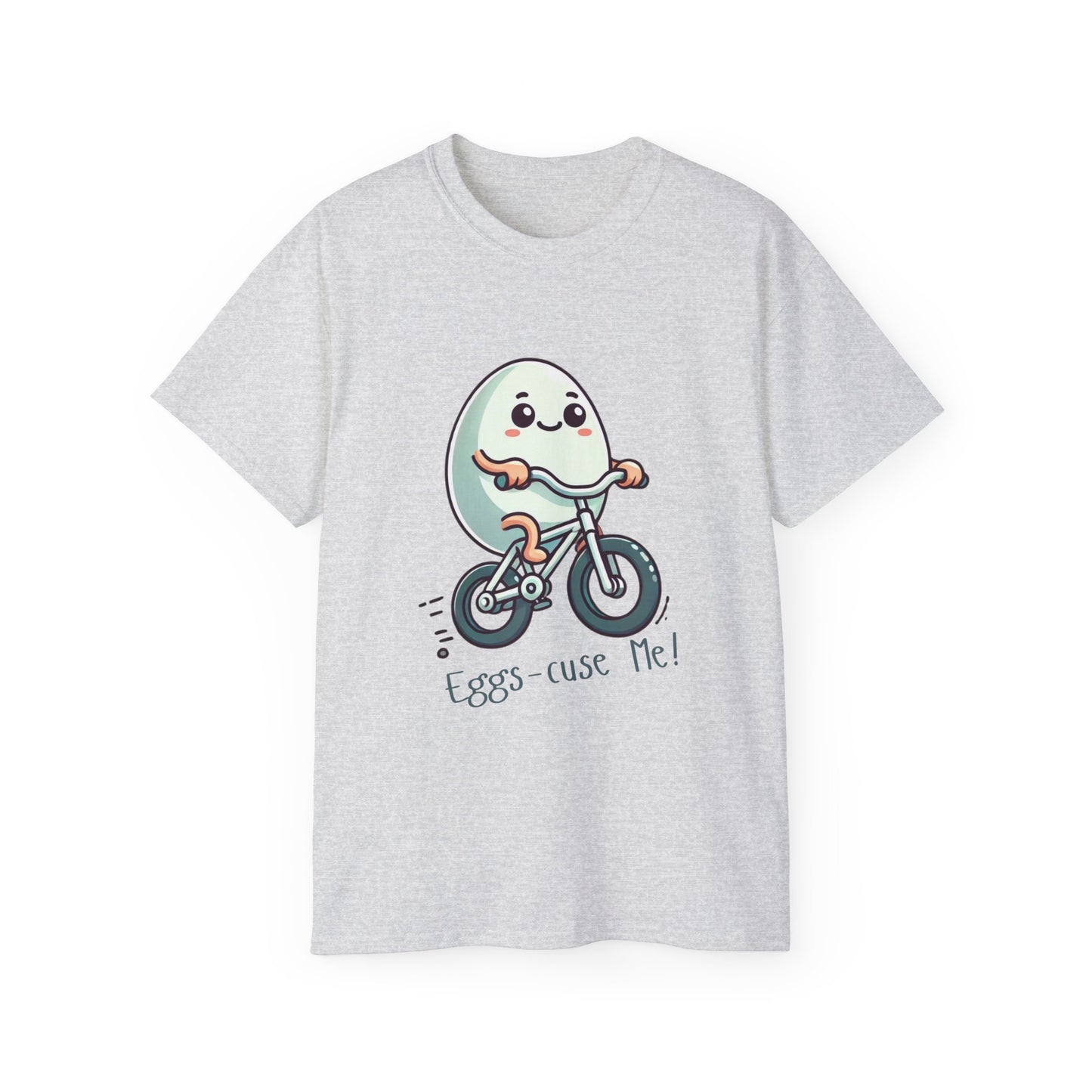 Eggs-cuse Me! Cute Egg Riding Bike T-Shirt — Funny Bicycle Cartoon Tee