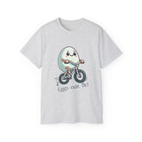 Eggs-cuse Me! Cute Egg Riding Bike T-Shirt — Funny Bicycle Cartoon Tee