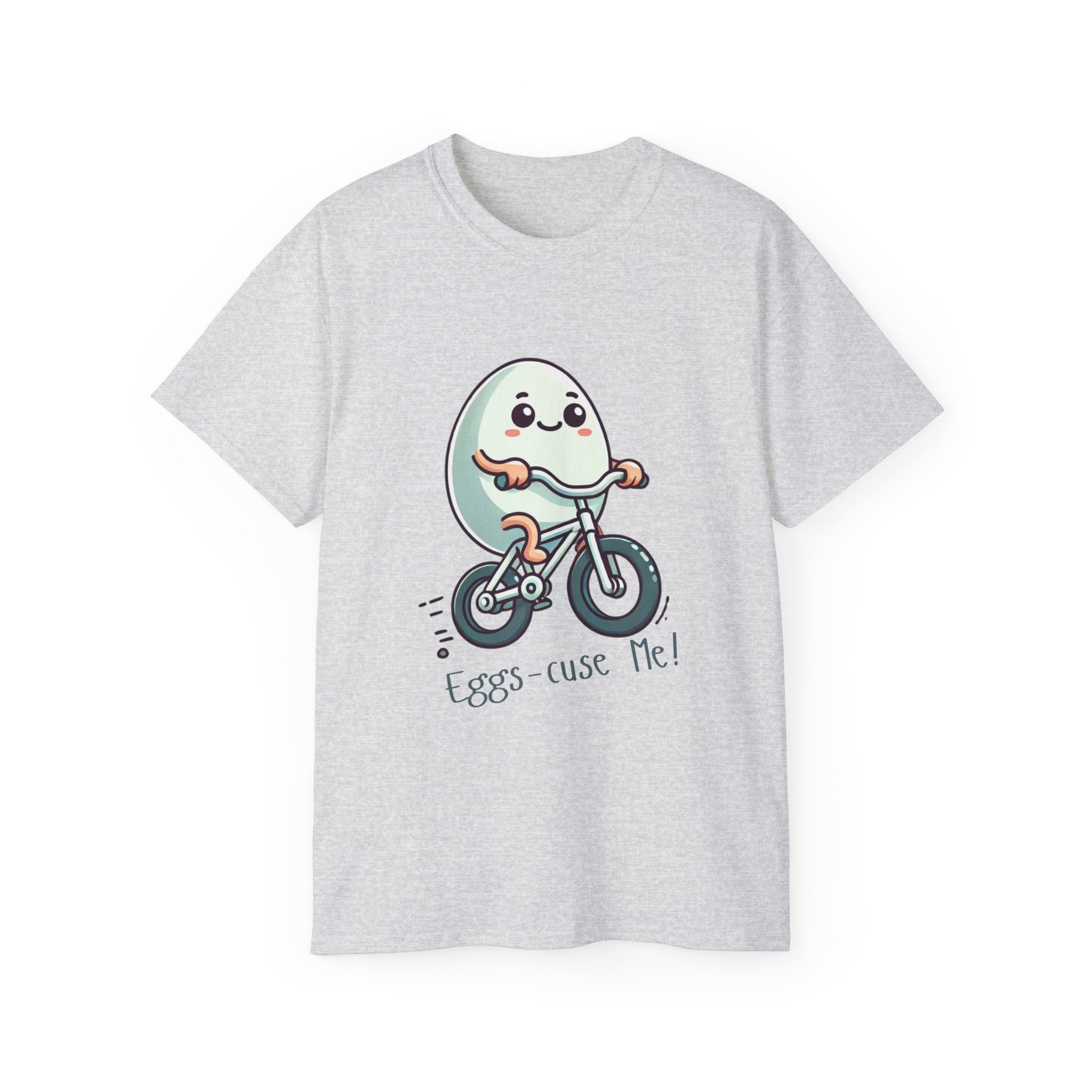 Eggs-cuse Me! Cute Egg Riding Bike T-Shirt — Funny Bicycle Cartoon Tee