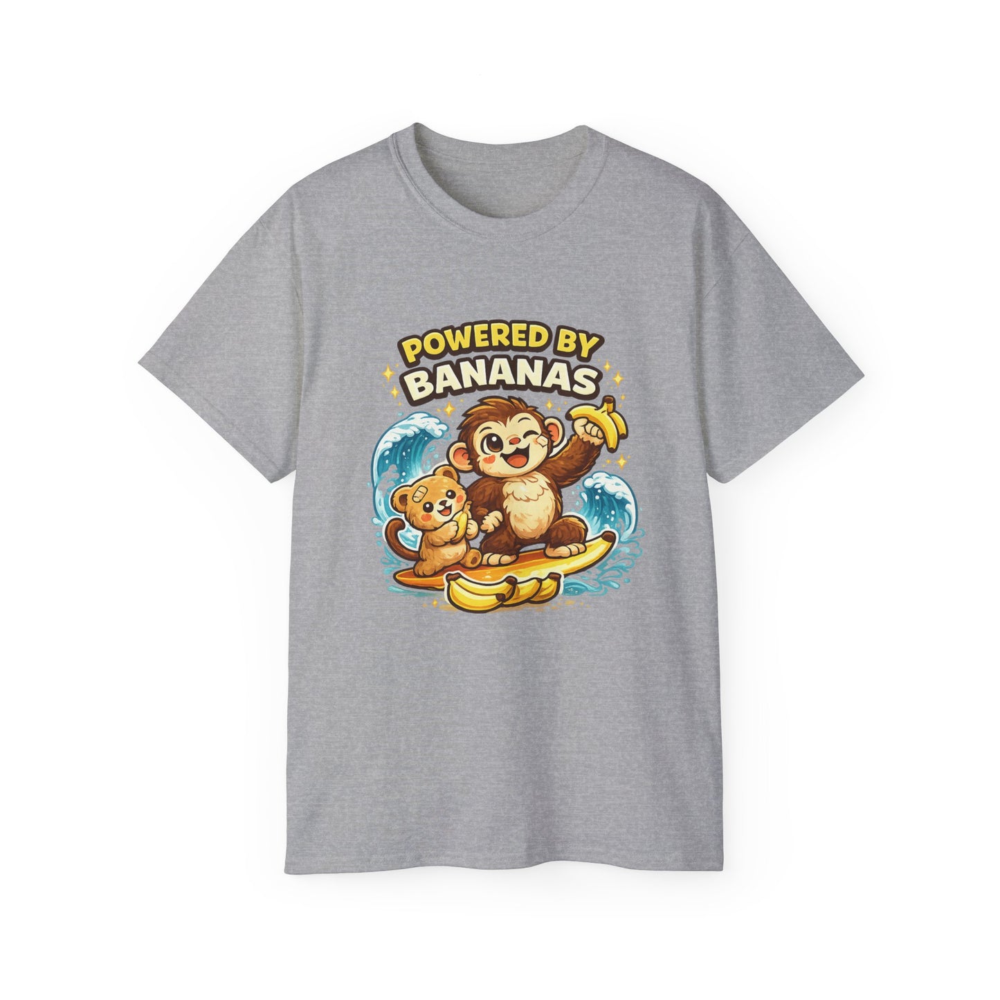 Powered by Bananas Tee — Cute Surfing Monkey & Teddy Graphic Shirt