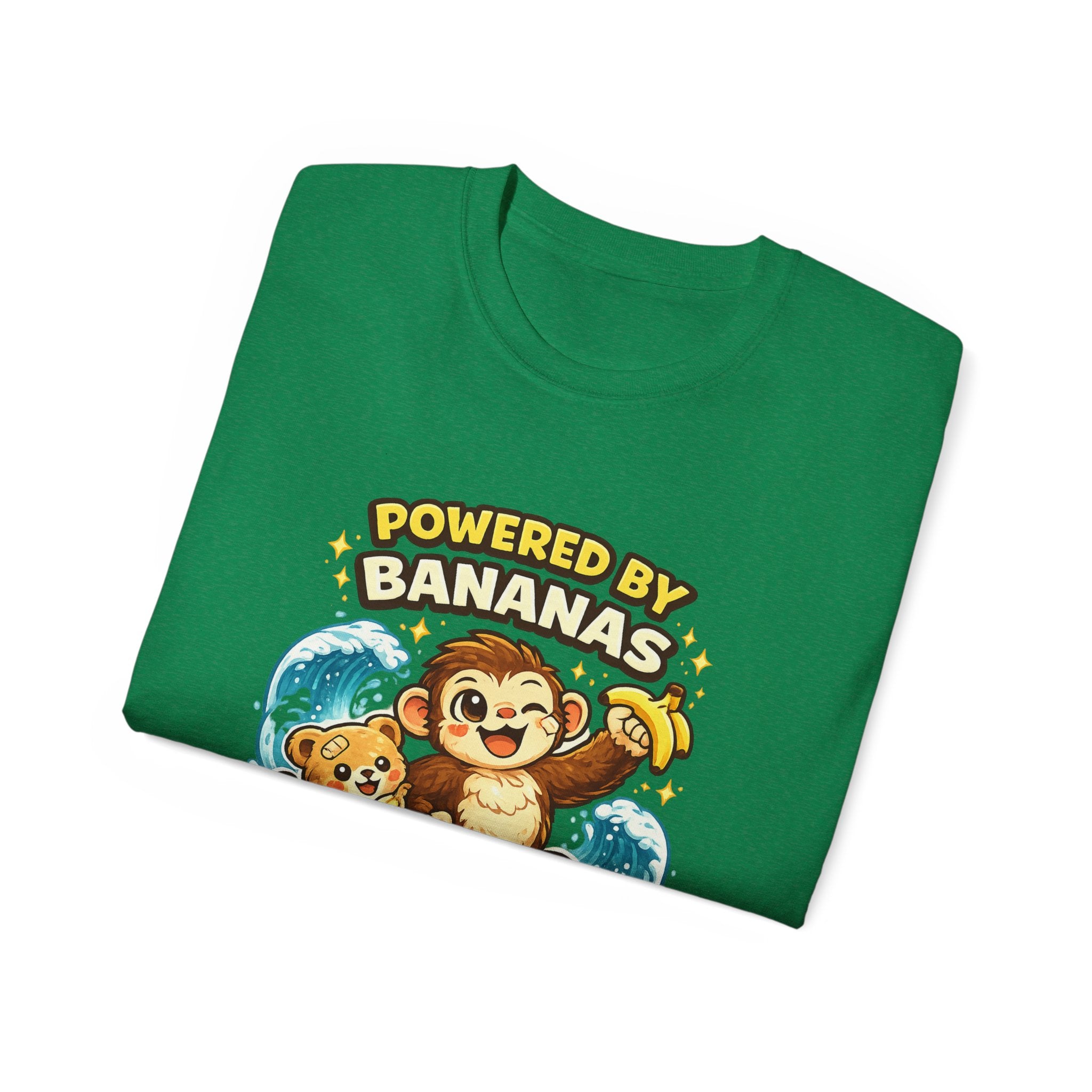Powered by Bananas Tee — Cute Surfing Monkey & Teddy Graphic Shirt