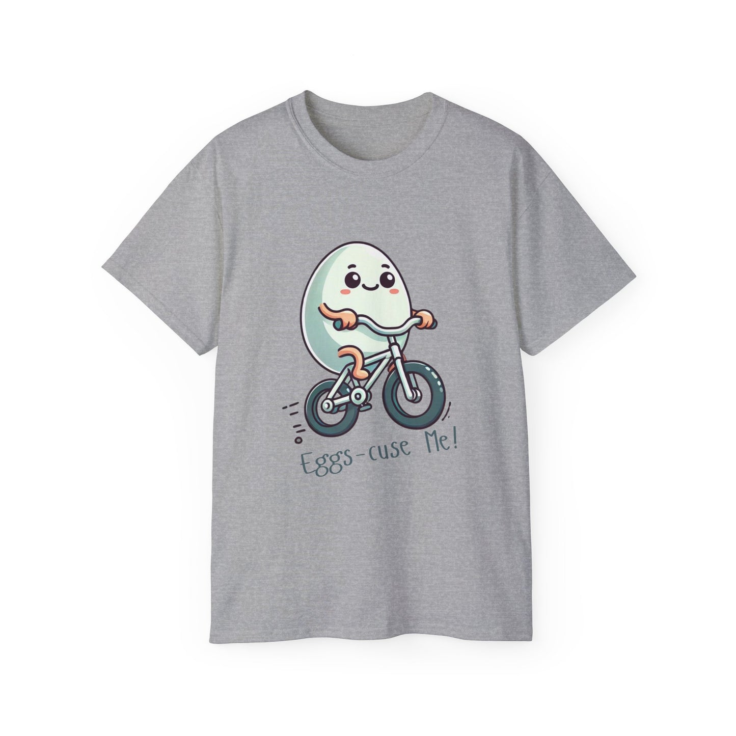 Eggs-cuse Me! Cute Egg Riding Bike T-Shirt — Funny Bicycle Cartoon Tee