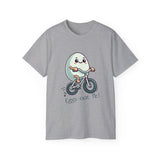 Eggs-cuse Me! Cute Egg Riding Bike T-Shirt — Funny Bicycle Cartoon Tee