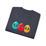 Cute Easter Egg Trio T‑Shirt — Colorful Cartoon Eggs Graphic Tee