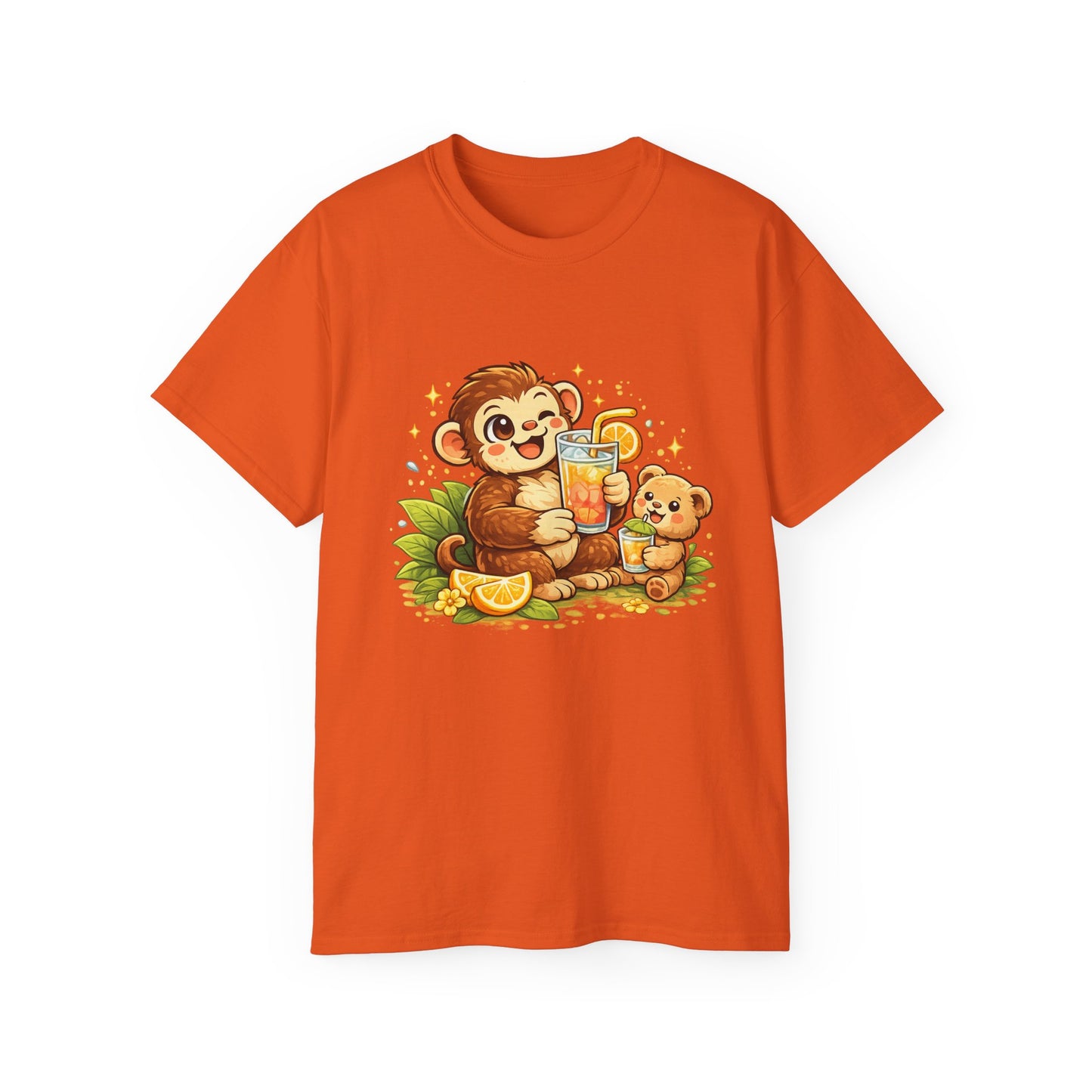 Cute Monkey & Puppy Orange Juice T-Shirt — Playful Tropical Animal Tee