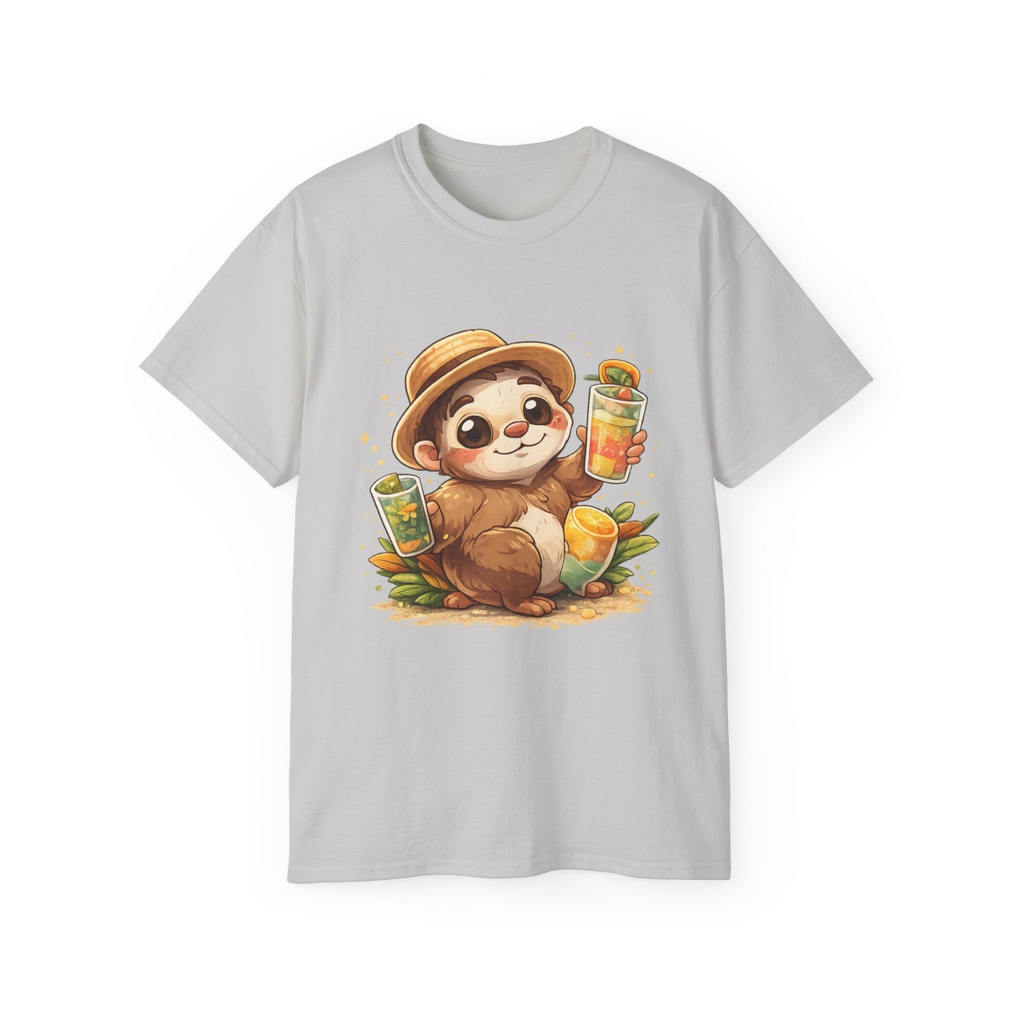 Cute Sloth Summer Tee — Sloth with Bubble Tea & Citrus Illustration Shirt