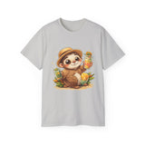 Cute Sloth Summer Tee — Sloth with Bubble Tea & Citrus Illustration Shirt