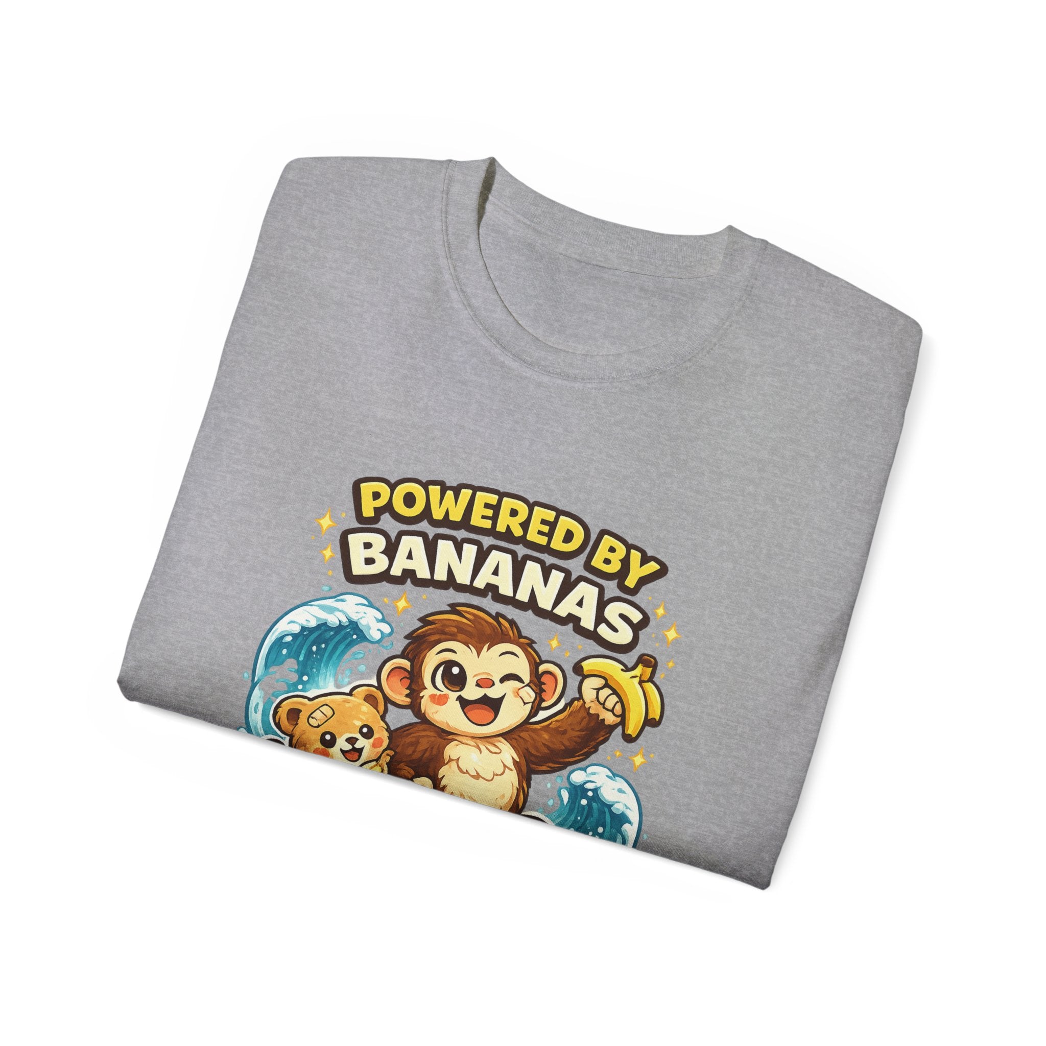 Powered by Bananas Tee — Cute Surfing Monkey & Teddy Graphic Shirt