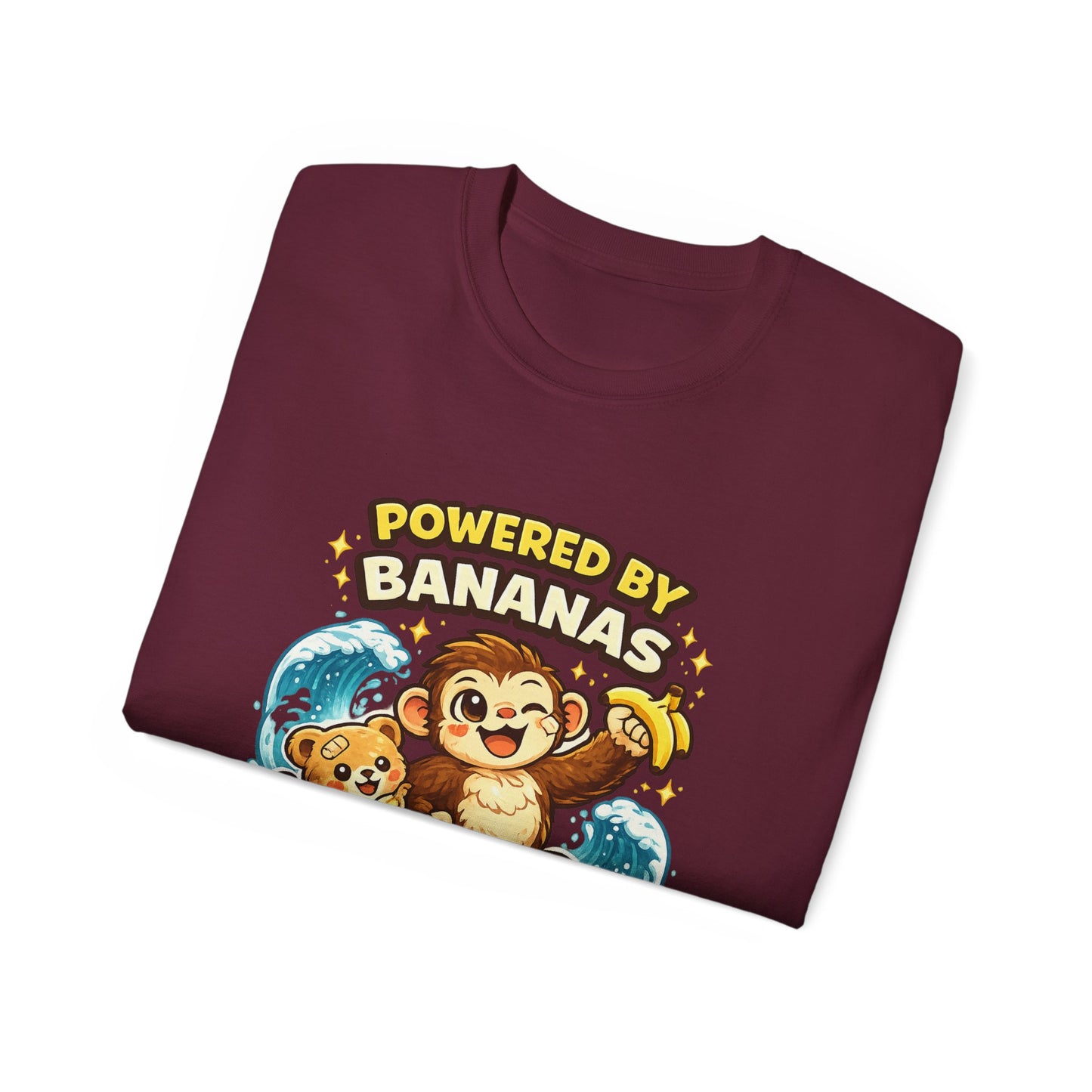 Powered by Bananas Tee — Cute Surfing Monkey & Teddy Graphic Shirt
