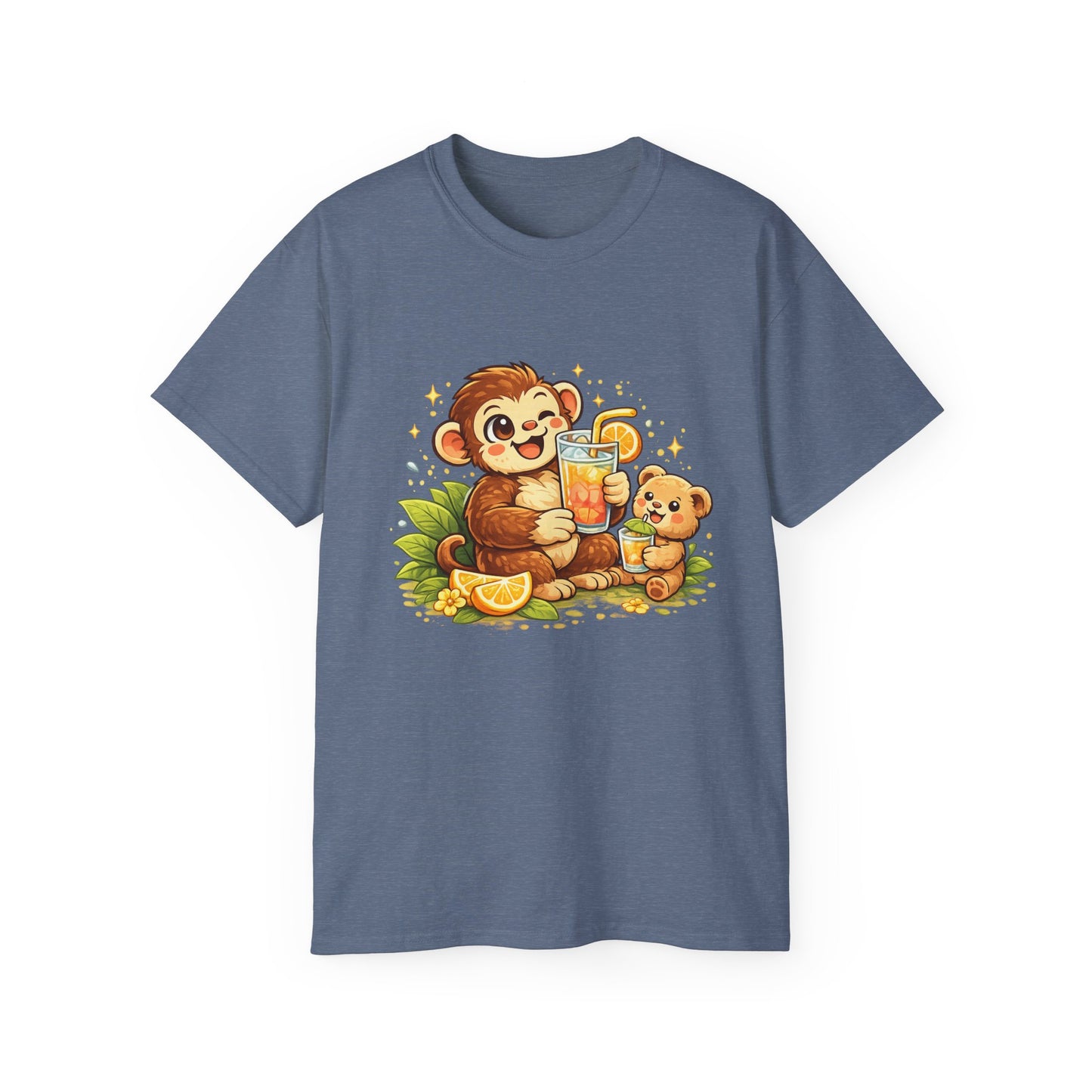 Cute Monkey & Puppy Orange Juice T-Shirt — Playful Tropical Animal Tee
