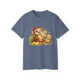 Cute Monkey & Puppy Orange Juice T-Shirt — Playful Tropical Animal Tee
