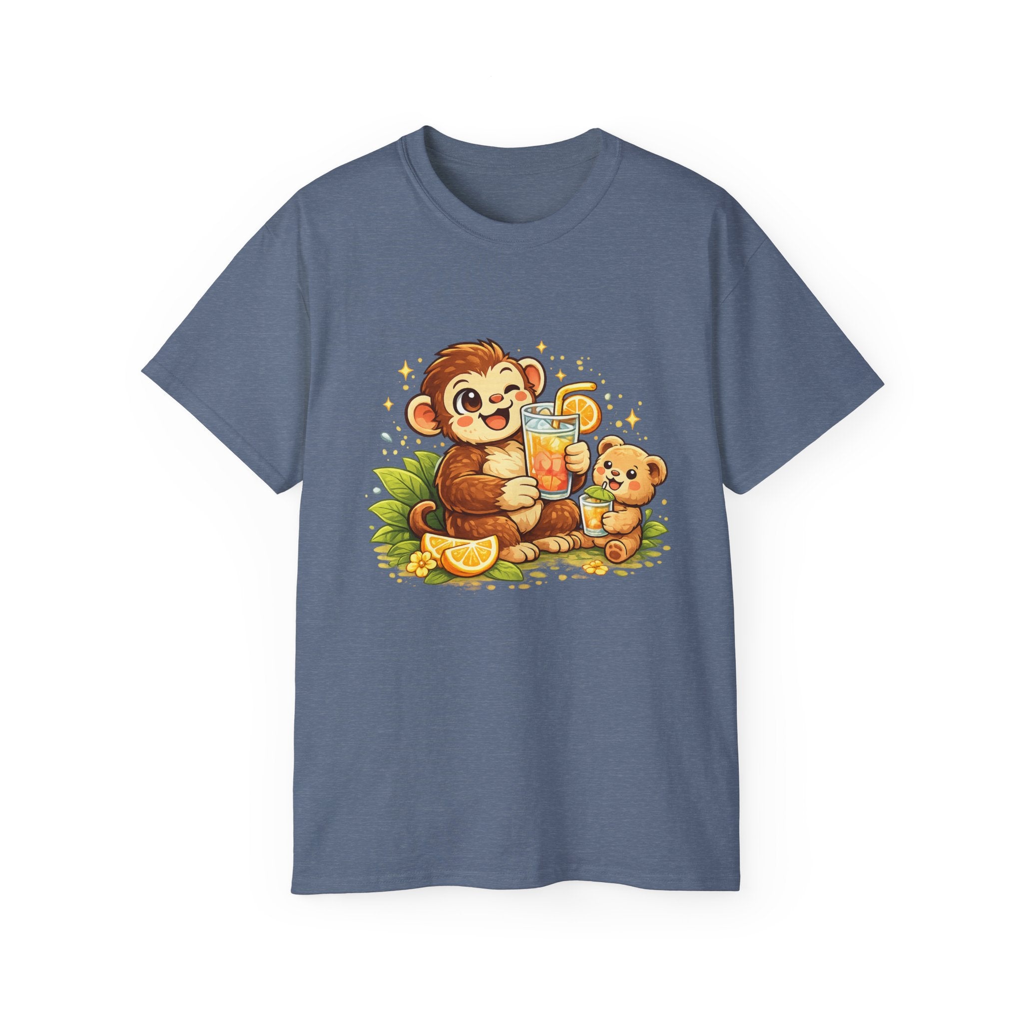 Cute Monkey & Puppy Orange Juice T-Shirt — Playful Tropical Animal Tee