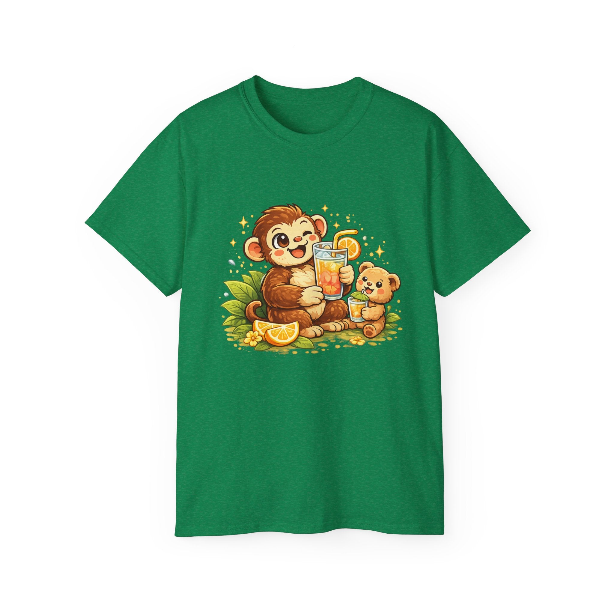 Cute Monkey & Puppy Orange Juice T-Shirt — Playful Tropical Animal Tee