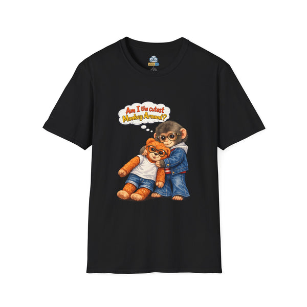 Monkey Hug T‑Shirt – Cute Chimp with Teddy Illustration Saying “Am I the cutest monkey around?”