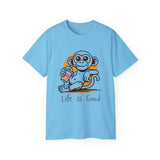 Life Is Good Monkey T‑Shirt — Cute Cartoon Monkey Drinking Juice Tee