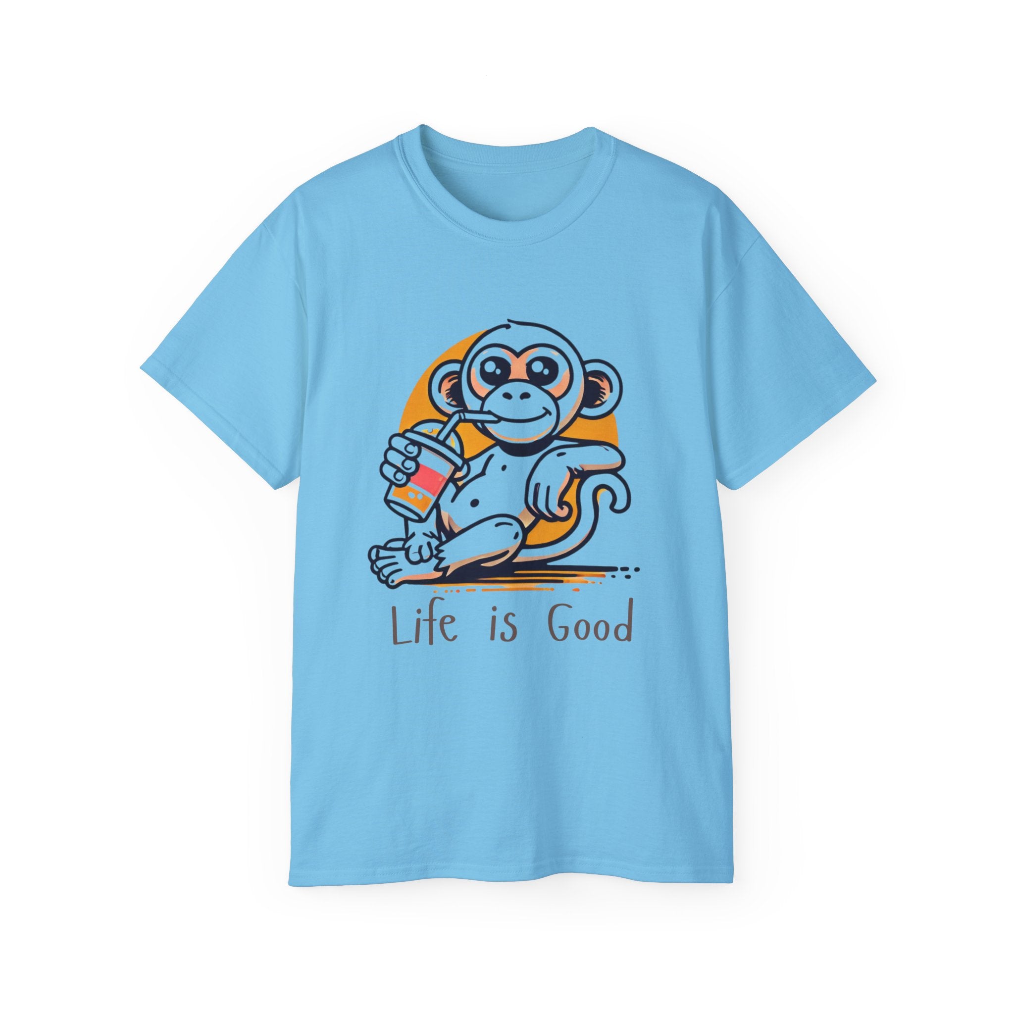 Life Is Good Monkey T‑Shirt — Cute Cartoon Monkey Drinking Juice Tee