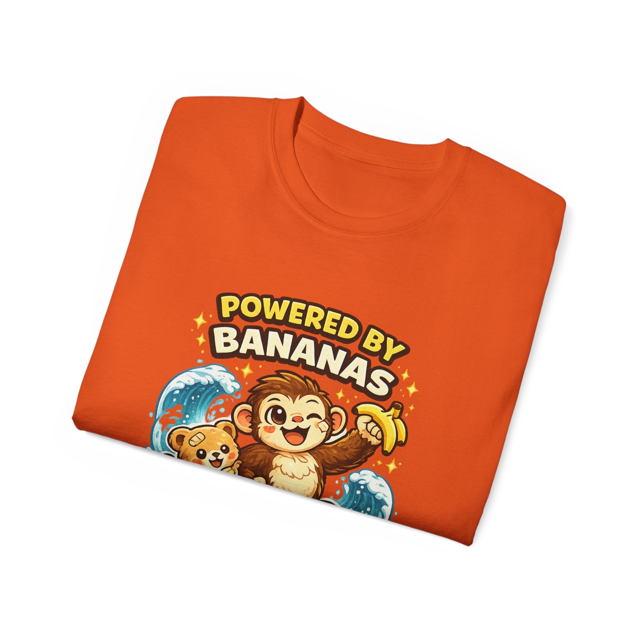 Powered by Bananas Tee — Cute Surfing Monkey & Teddy Graphic Shirt