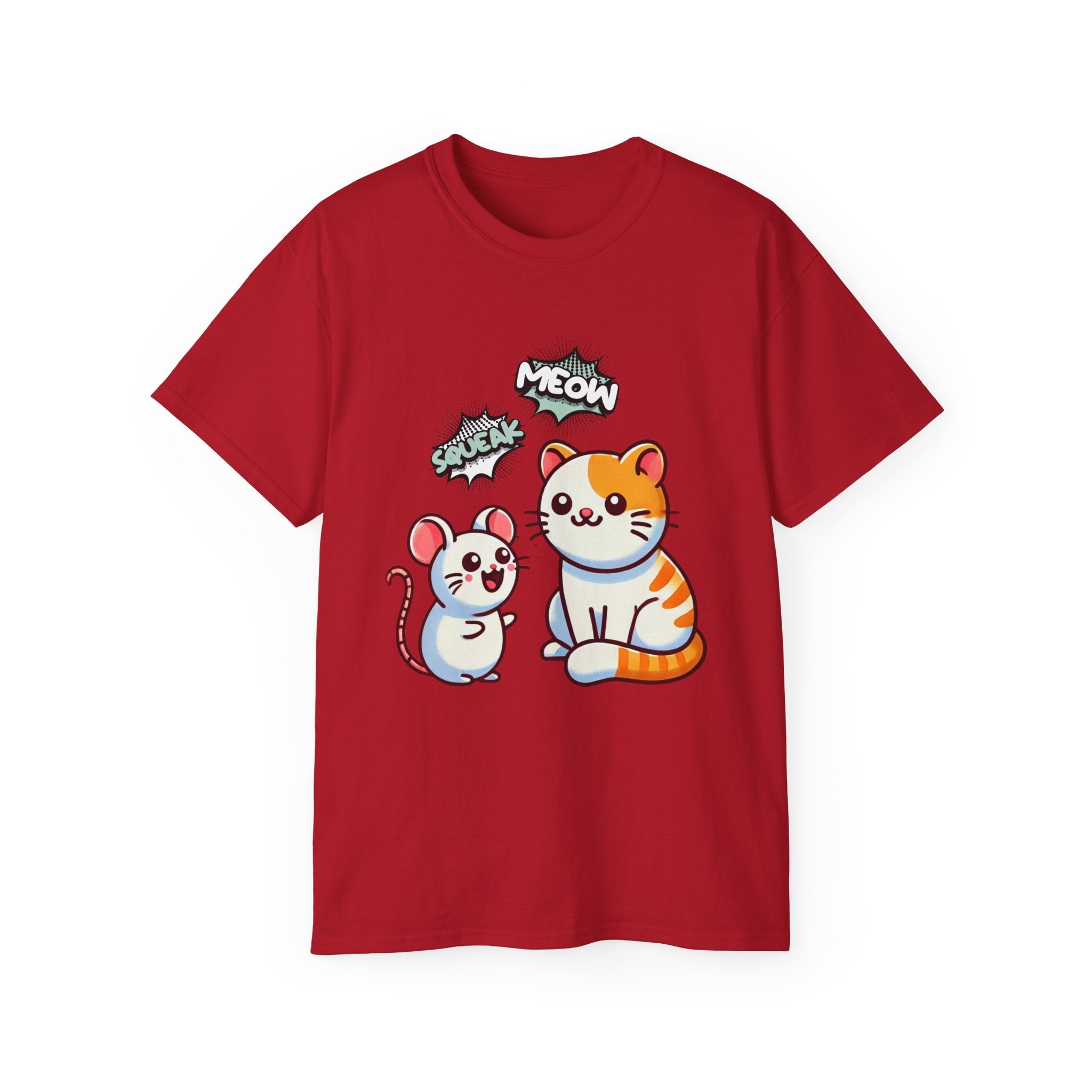 Cute Cat & Mouse Graphic Tee – 'Meow' Cartoon Pet Shirt