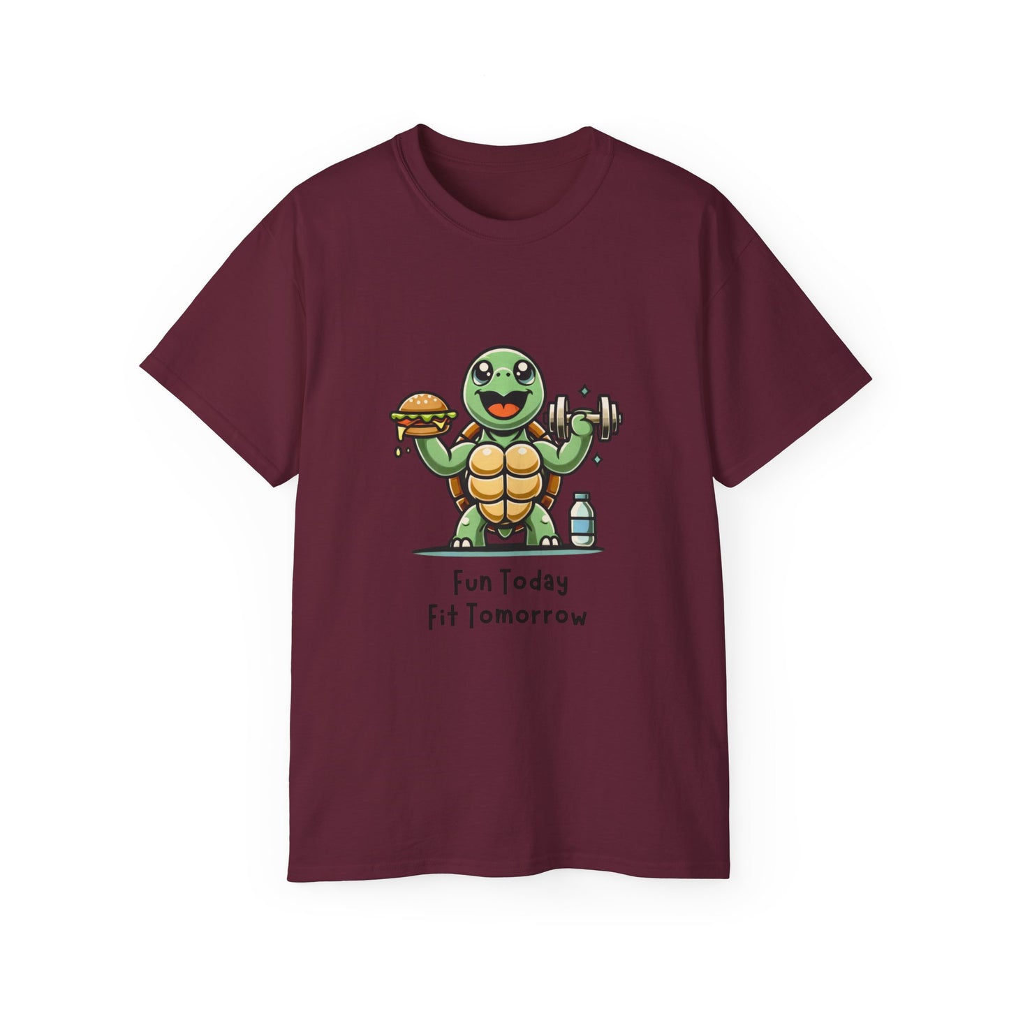 Turtle Fitness Tee — "Fun Today, Fit Tomorrow" Cute Workout Graphic Shirt
