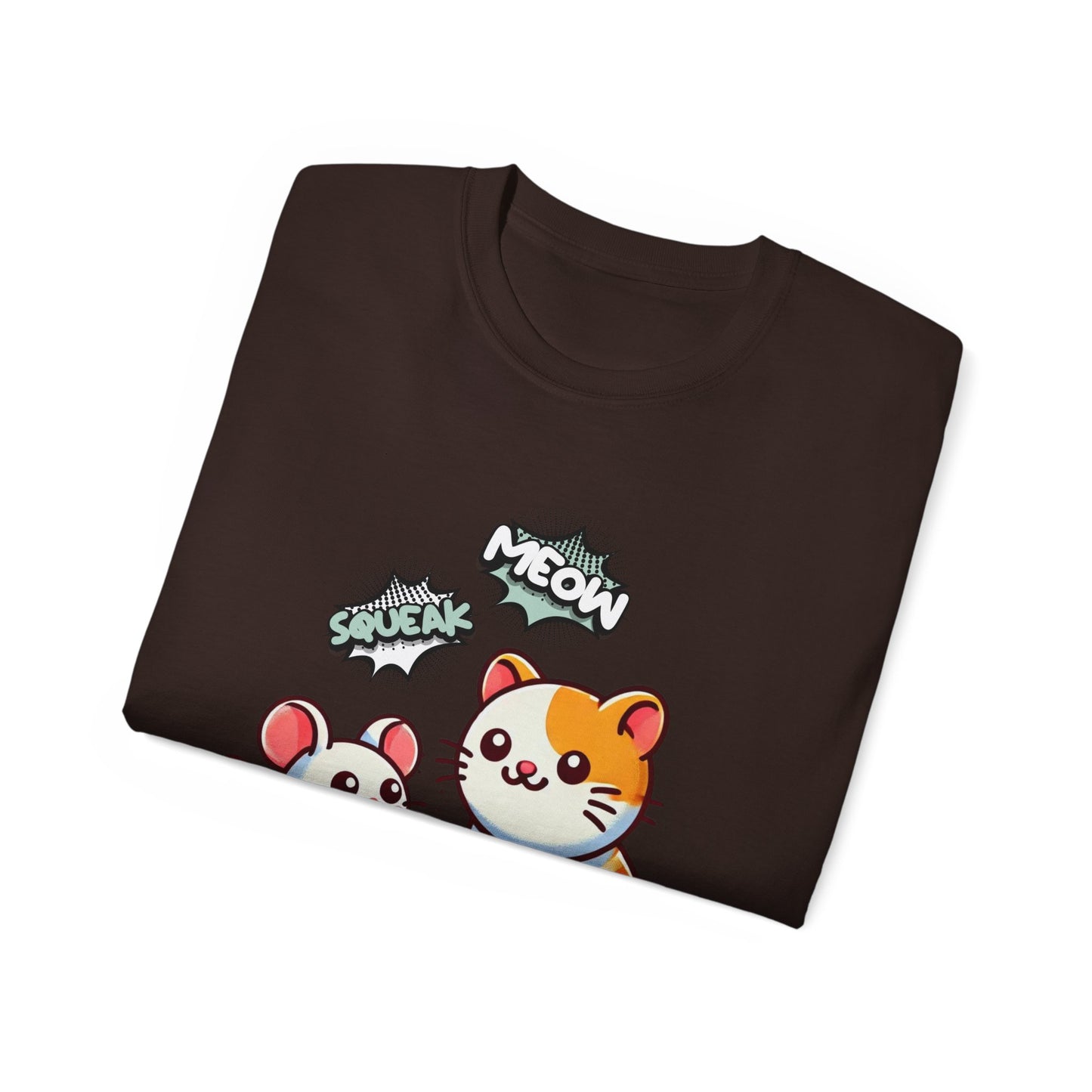 Cute Cat & Mouse Graphic Tee – 'Meow' Cartoon Pet Shirt