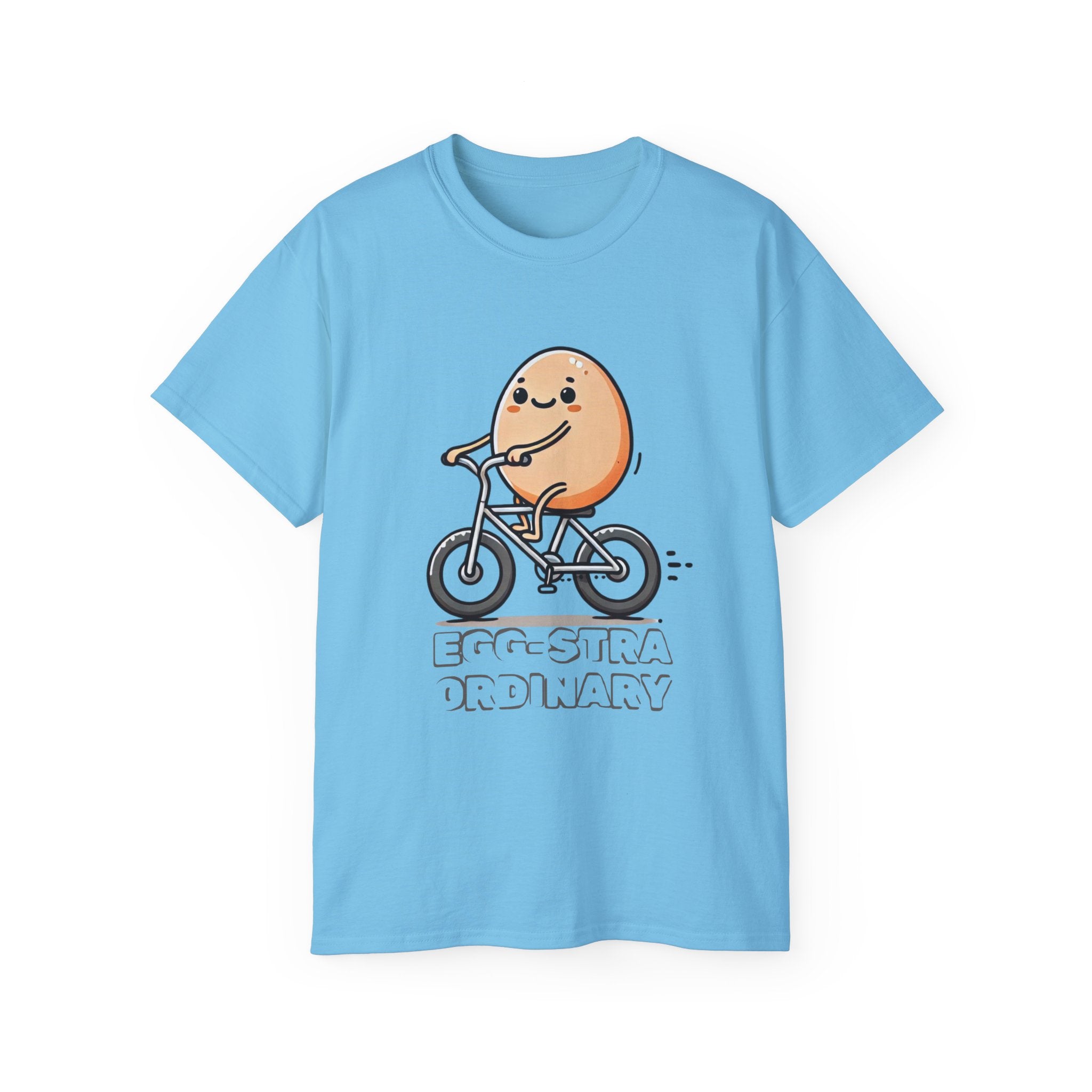Cute Egg on Bike T-Shirt — “Eggs-tra Ordinary” Funny Cycling Tee
