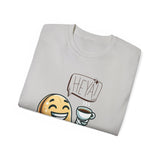 Coffee Bean Cartoon Tee — "Heya!" Cute Morning Coffee T-Shirt