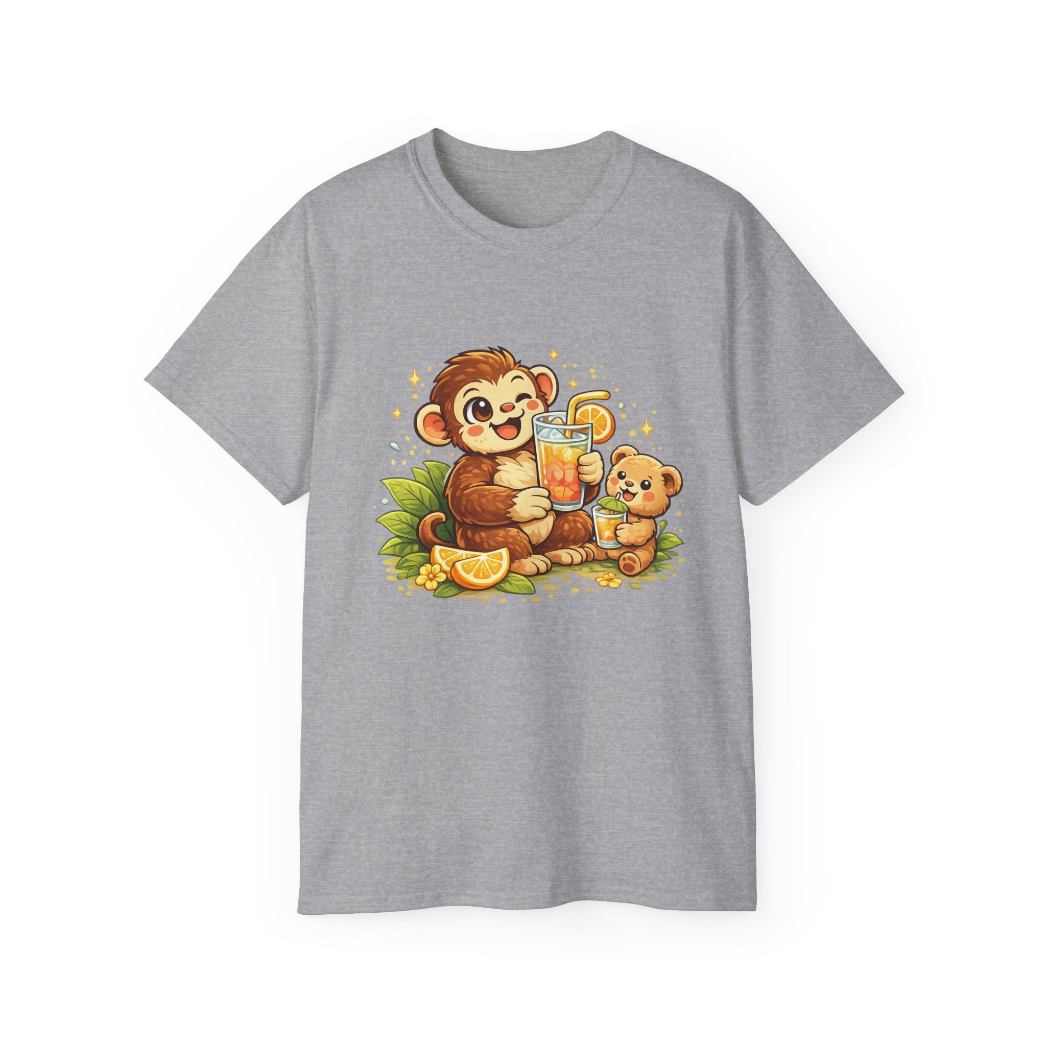 Cute Monkey & Puppy Orange Juice T-Shirt — Playful Tropical Animal Tee