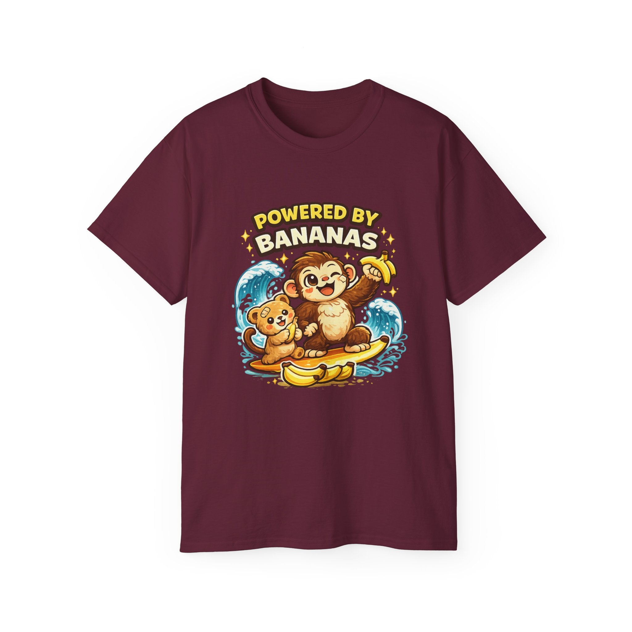 Powered by Bananas Tee — Cute Surfing Monkey & Teddy Graphic Shirt