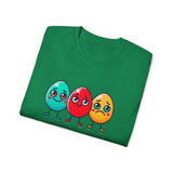 Cute Easter Egg Trio T‑Shirt — Colorful Cartoon Eggs Graphic Tee